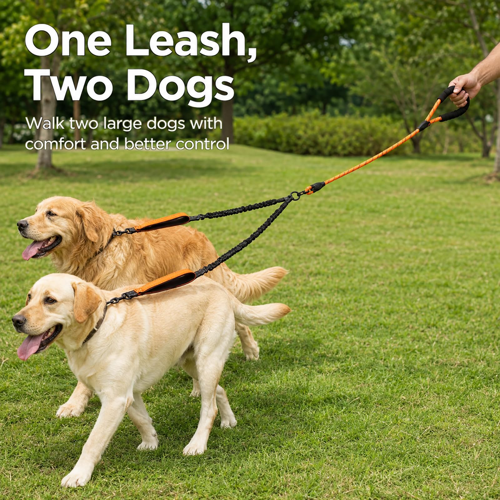 Guinzaglio doppio per cani per 2 cani, nessun groviglio Bungee Large | Guinzaglio doppio resistente per due cani, elastico ammortizzante, girevole a 360°, manici imbottiti