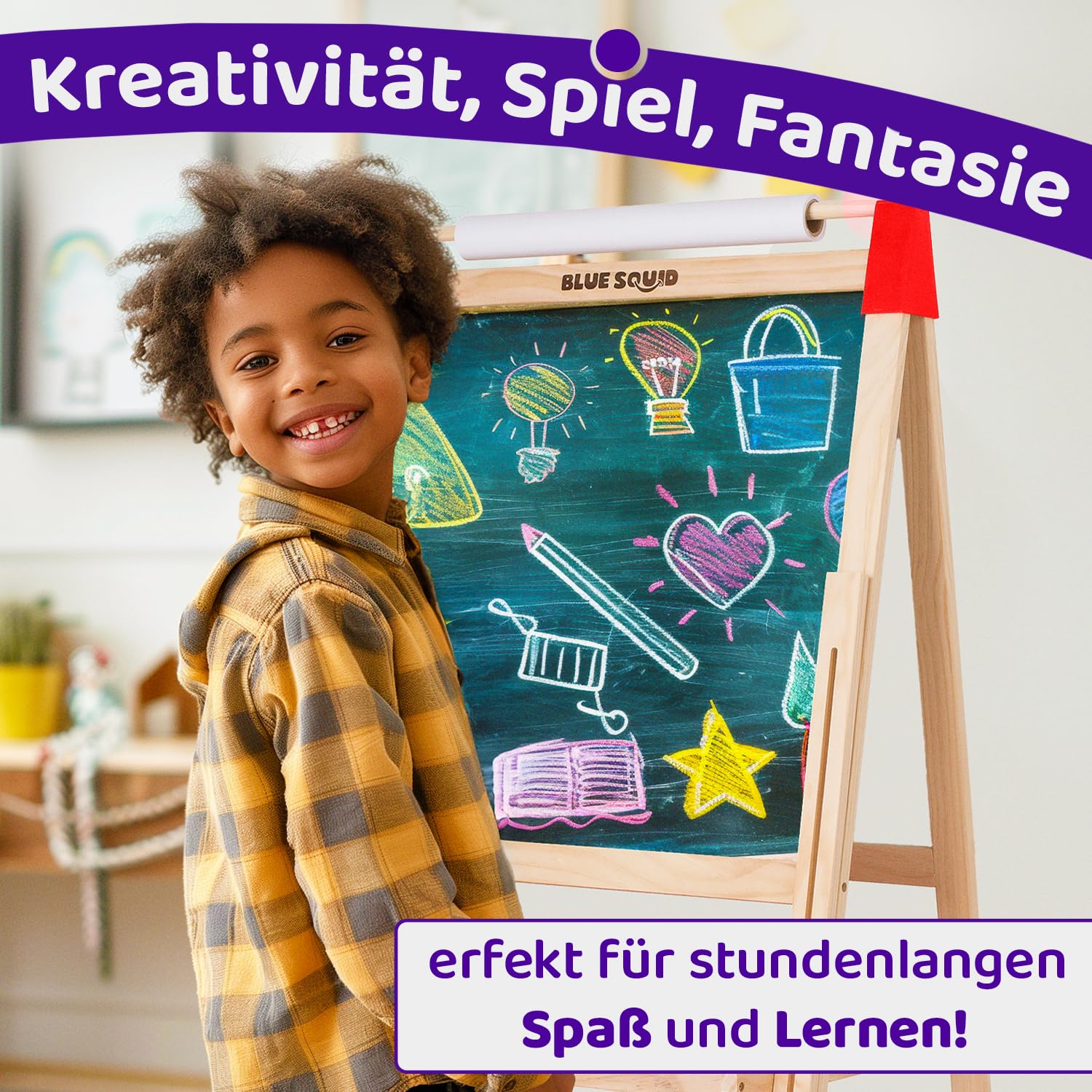 Kunst Staffelei für Kinder mit Zubehör- Doppelseitige hölzerne Tafel für Kinder mit magnetischer Kreidetafel, abwischbarem Whiteboard & Papierrolle, Kindertafel mit Kreide und Magnet 2-4 4-8 9-12