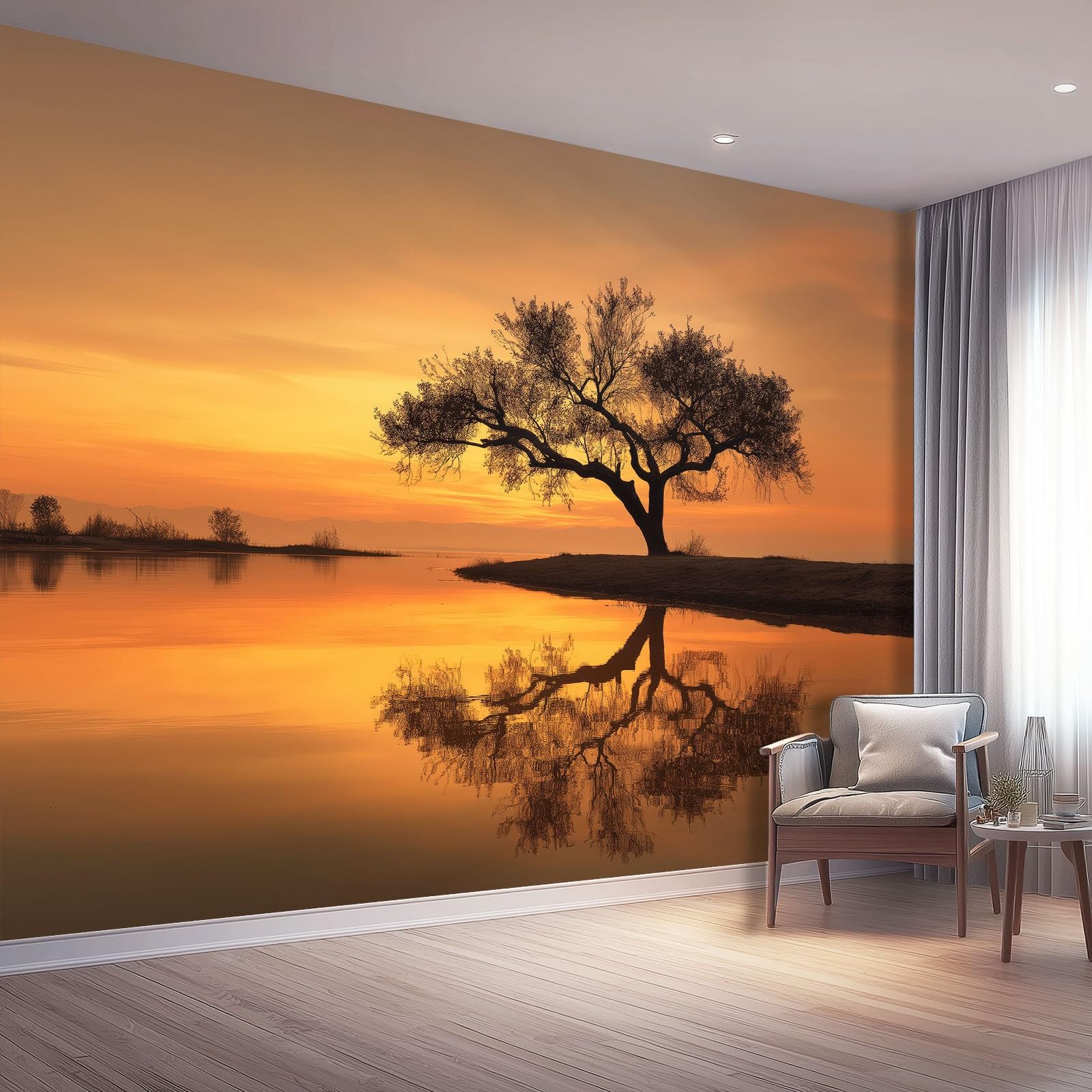 Fototapeta natura tapeta ścienna plakat pomarańczowy drzewa jezioro zdjęcie do sypialni salonu TV ściana 300 x 210 cm