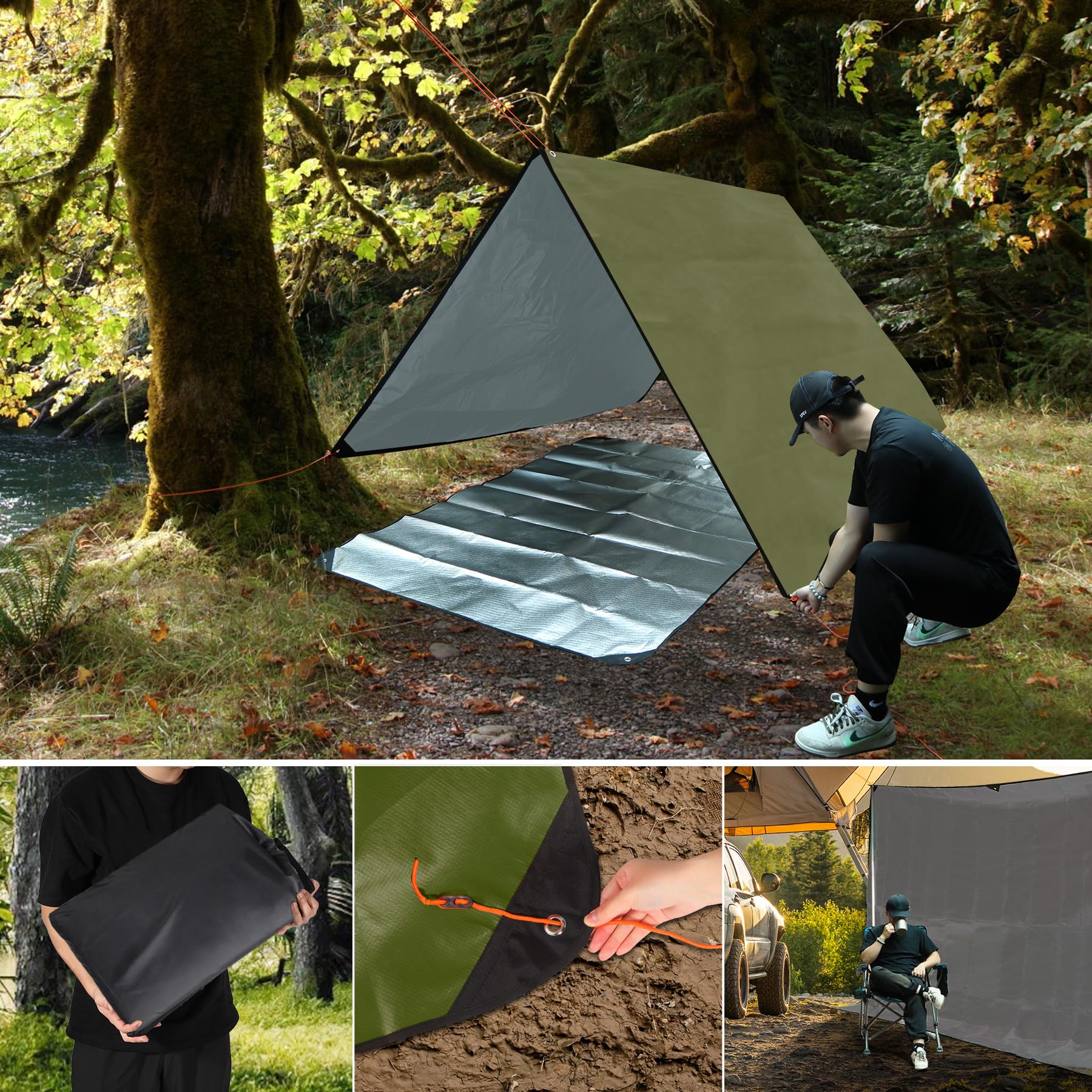 RedSwing Paquete de 6 lonas térmicas de emergencia resistentes al agua, manta de supervivencia aislada para acampar al aire libre, senderismo y refugio de emergencia, color verde