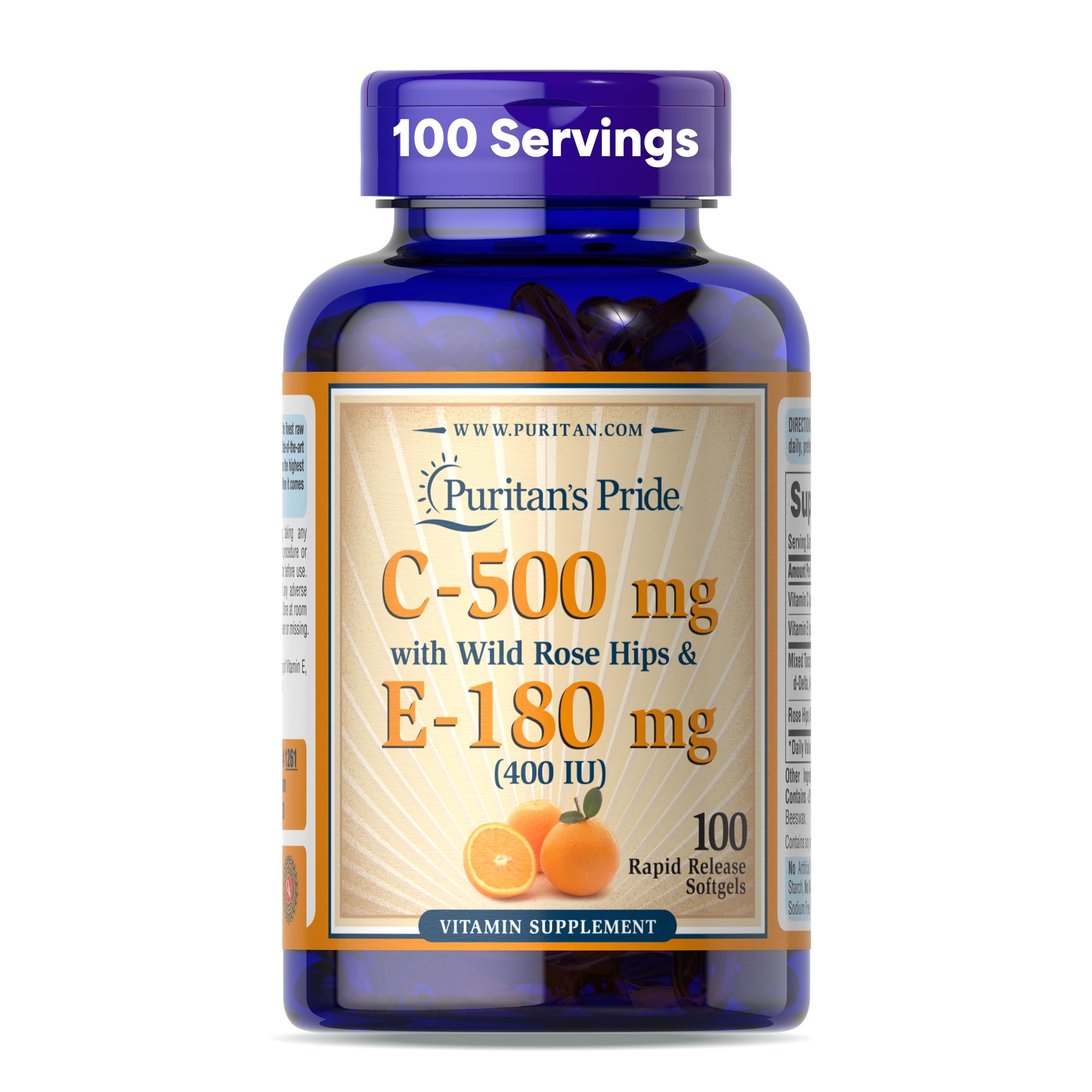 Puritan's Pride Premium Vitamin C-500mg with Rose HIPS and Vitamin E-400, Supplement for Antioxidant, Heart, Circulatory, and Immune System Support, 100 Rapid Release Softgels