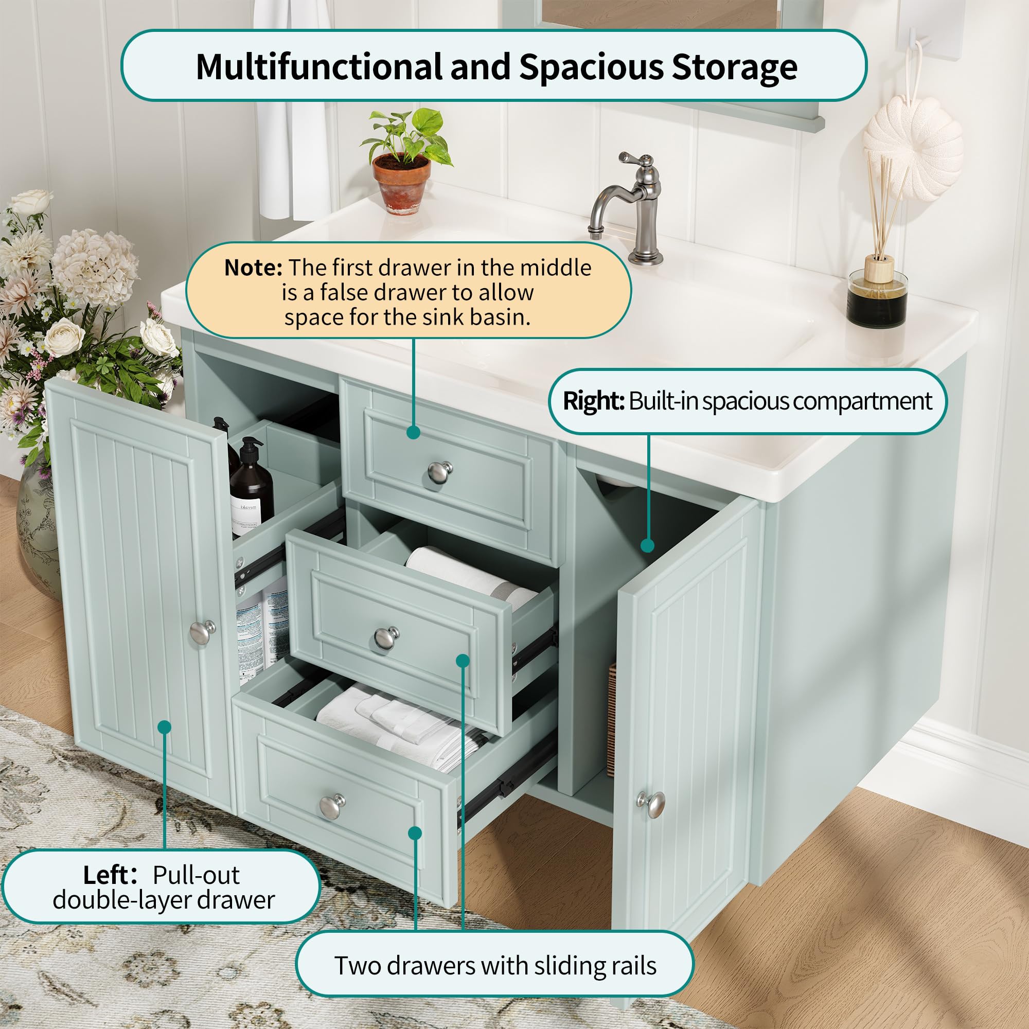 Mueble Baño de Pared con Lavabo y Almacenaje, Muebles de Baño con 3 Cajones y 1 Puerta, Lavabo con Mueble, Muebles Auxiliares Armario de Baño, 81x46x50.3 cm, Verde