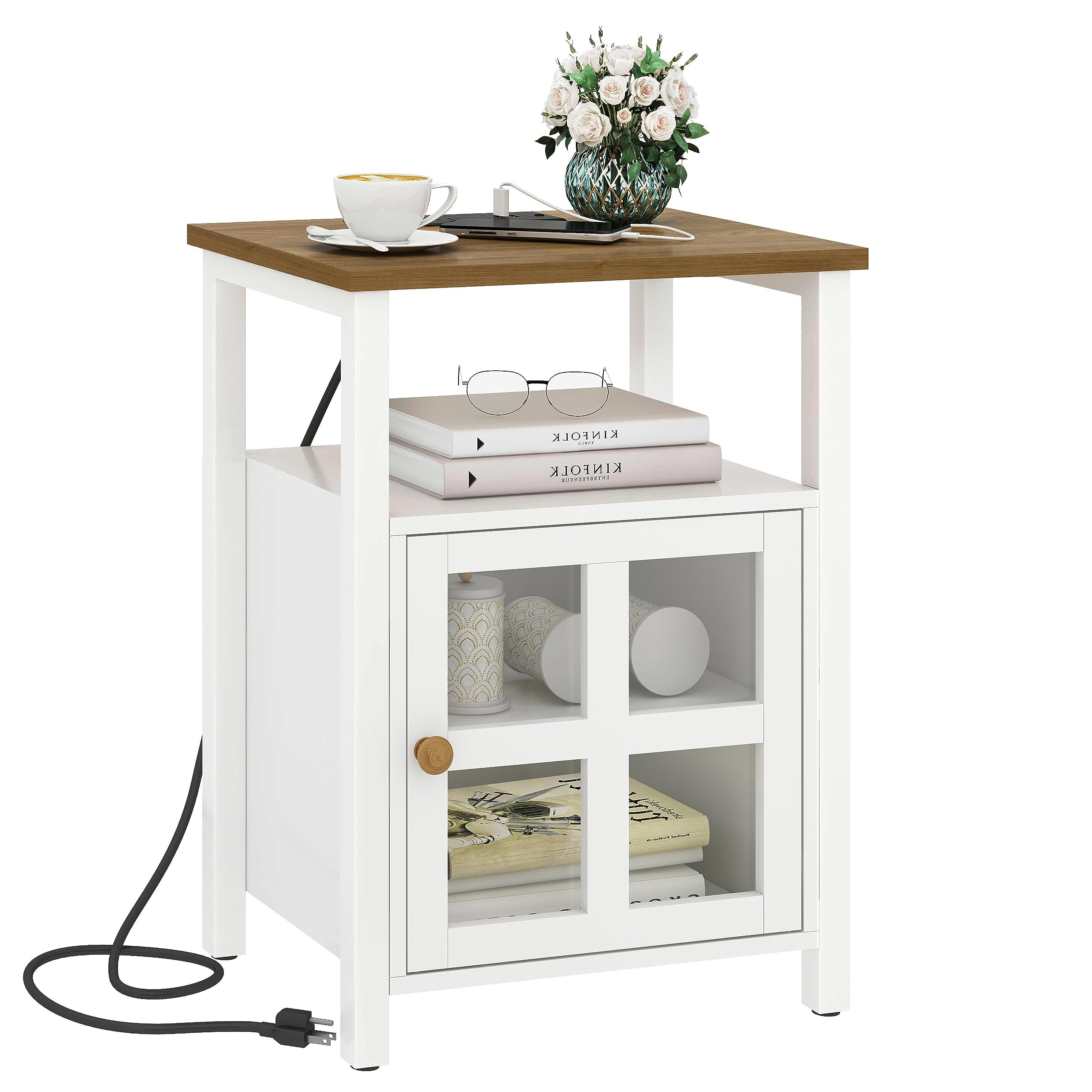 YAUKOMELFarmhouse Nightstand with Charging Station,Coastal Style End Table with Glass Cabinet Doors,Wood Bedside Table for Bedroom, Living Room Rustic Walnut and White CTG62CWE