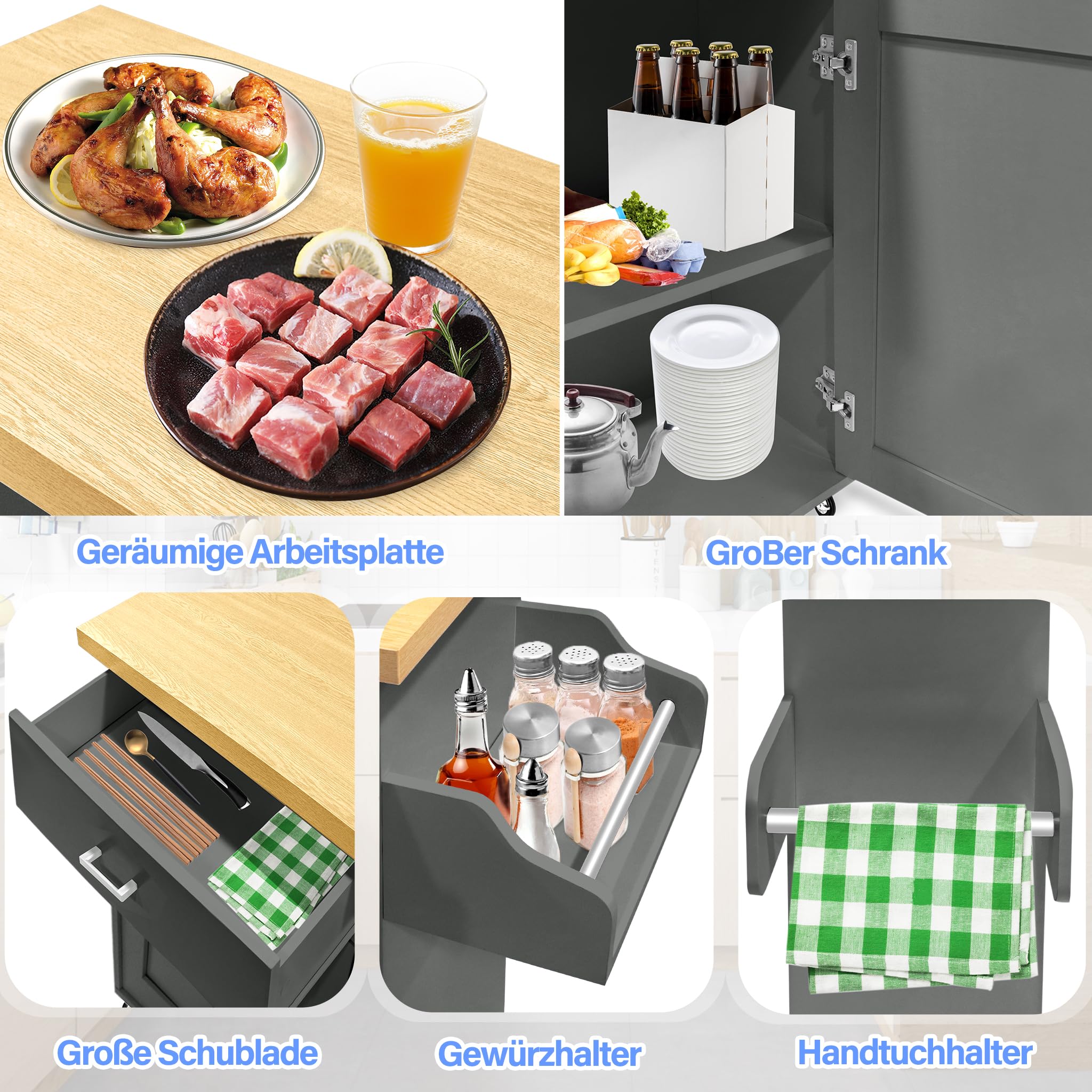 UISEBRT Carrello da cucina con piano di lavoro in legno, mobile da cucina su ruote con cassetto e ripiano, grigio
