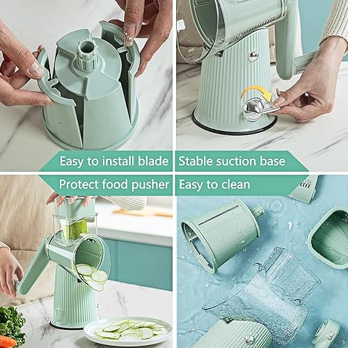 Miniatura 3 de Rallador de queso giratorio con mango rallador de queso 5 en 1, triturador de queso de manivela con base de succión fuerte, cortador de verduras de