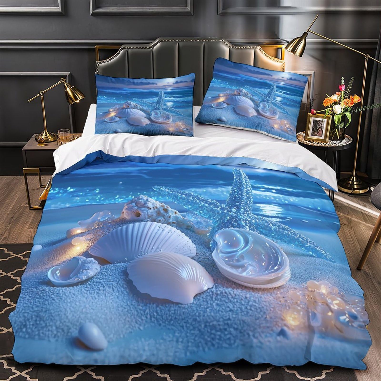Housse de couette coquillages 3D pour chambre d'ado fille avec parure de lit super douce marine