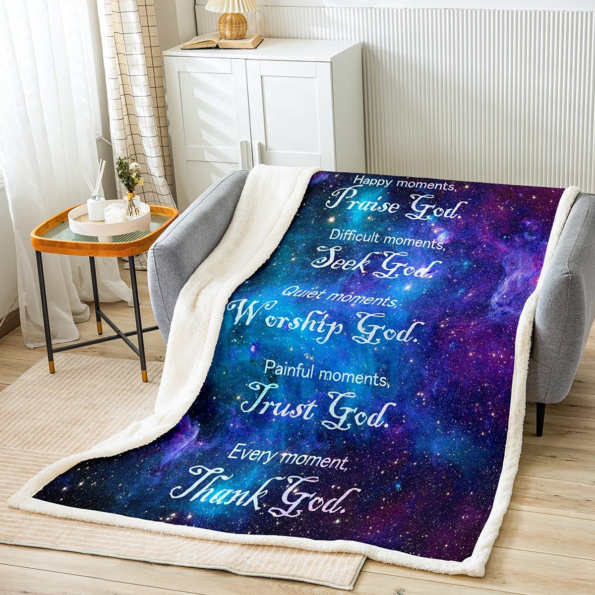 Loussiesd Healing Throw Blanket Inspirational Thoughts Sherpa Blanket for Bed Sofa Women Men Blue Galaxy Universe Fleece Blanket Ultra Soft Positive Energy Blanket Plush Blanket Baby 30x40 Inch