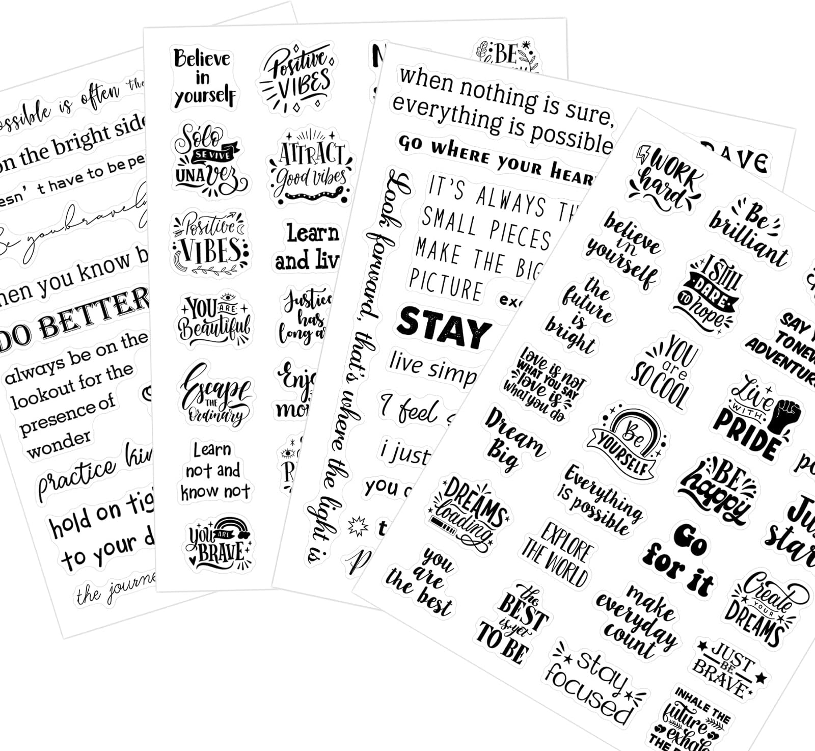 Yoksas 100Pcs Black Inspirational Quotes Stickers - Waterproof Transparent Motivational Words Stickers for Scrapbooking,Journaling,Resin Crafts Art,Tumbler
