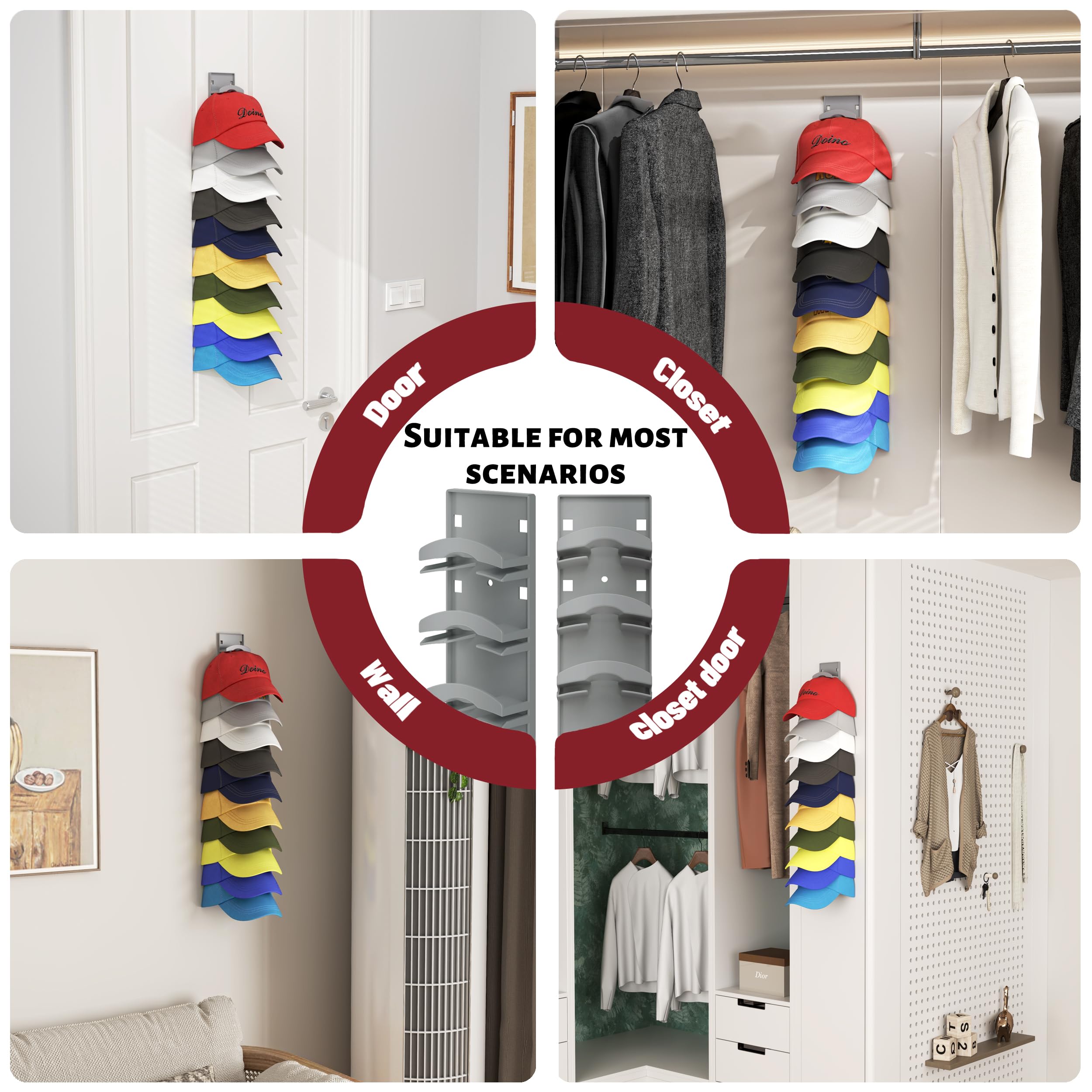 Organizador de sombreros con capacidad para hasta 20 sombreros, paquete de 2 soportes para sombreros para pared con adhesivo fuerte, organizador de sombreros para gorras de béisbol para puerta de