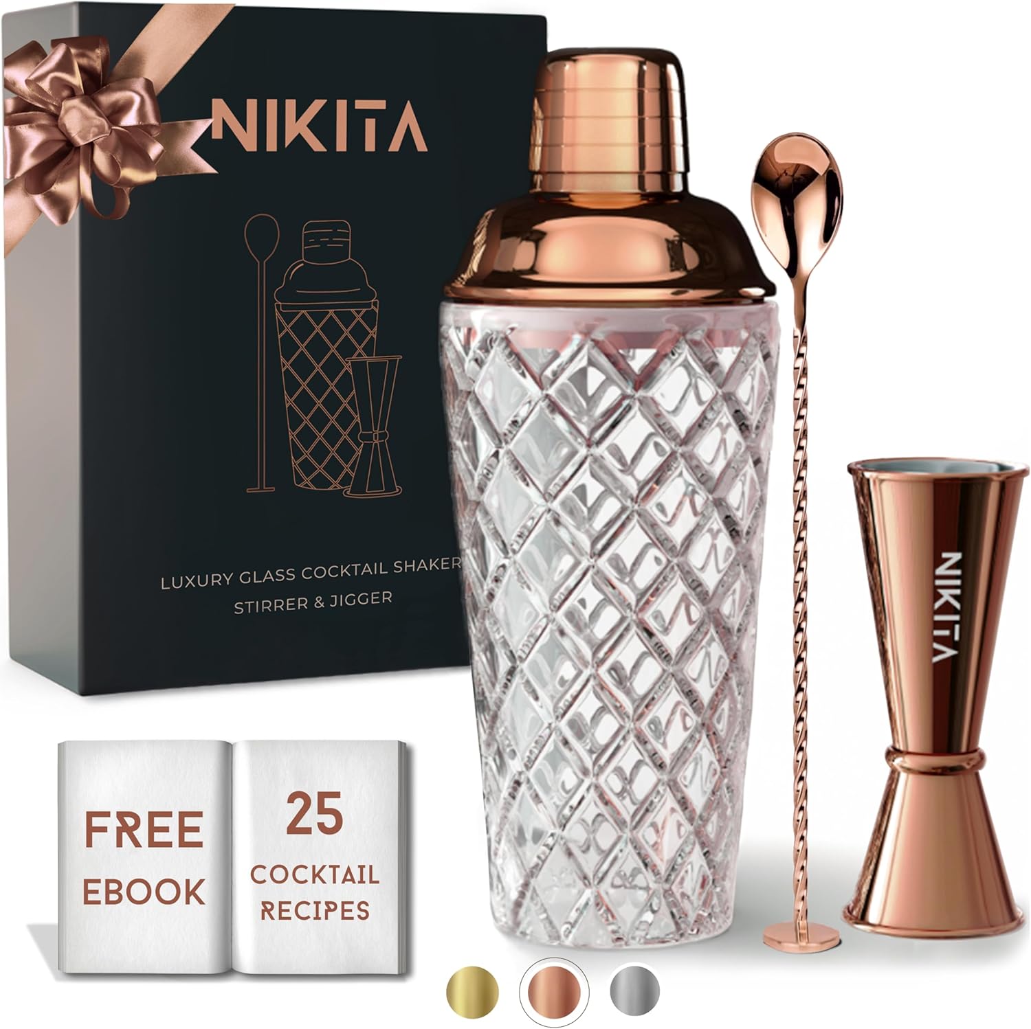 Rose Gold Cocktail Shaker Set - 5 Piece Martini Shaker Set with Strainer, Jigger, Spoon & Muddler - 16oz Glass Cocktail Shaker Set - Ideal Gift for Home Bar & Drink Trolley Decor