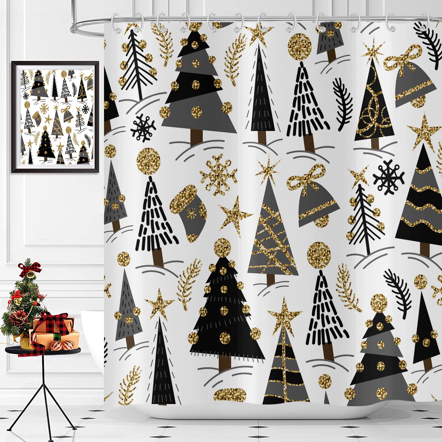 Hnmdmyi Christmas Shower Curtain 90x180, Black and Gold Xmas Tree Stars Winter Snowflake Holiday Farmhouse Bathroom Curtains with Hooks Waterproof Polyester Fabric Washable Bath Curtains for Wet Room