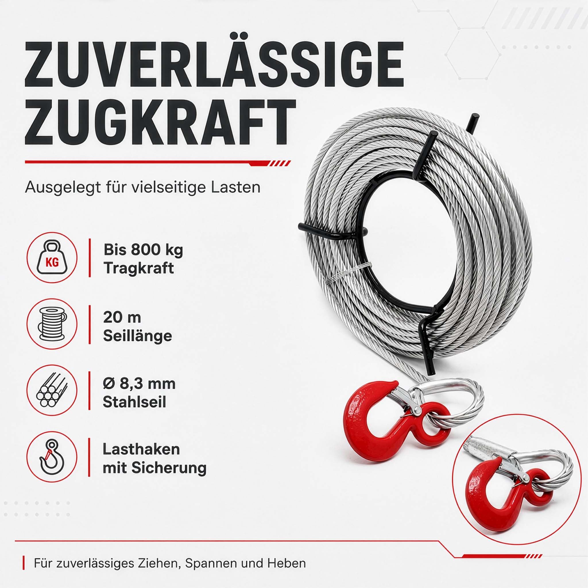 Wiltec Seilzug bis 800 kg Seilwinde mit 20 m Seil, Handseilwinde mit Ø 8,3 mm Stahl-Seil, Forstseilwinde mit Abscherstift, Handseilzug mit Lasthaken