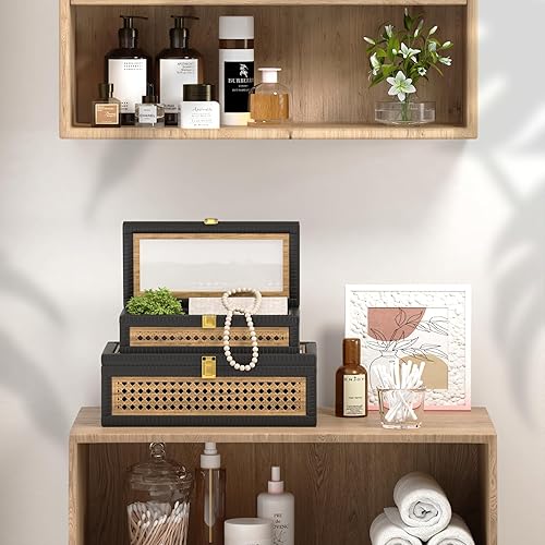 Miniatura 6 de Caja decorativa de ratán, cajas de exhibición bohemias con tapas, juego de 2 decoraciones rectangulares de mimbre para almacenamiento, contenedores