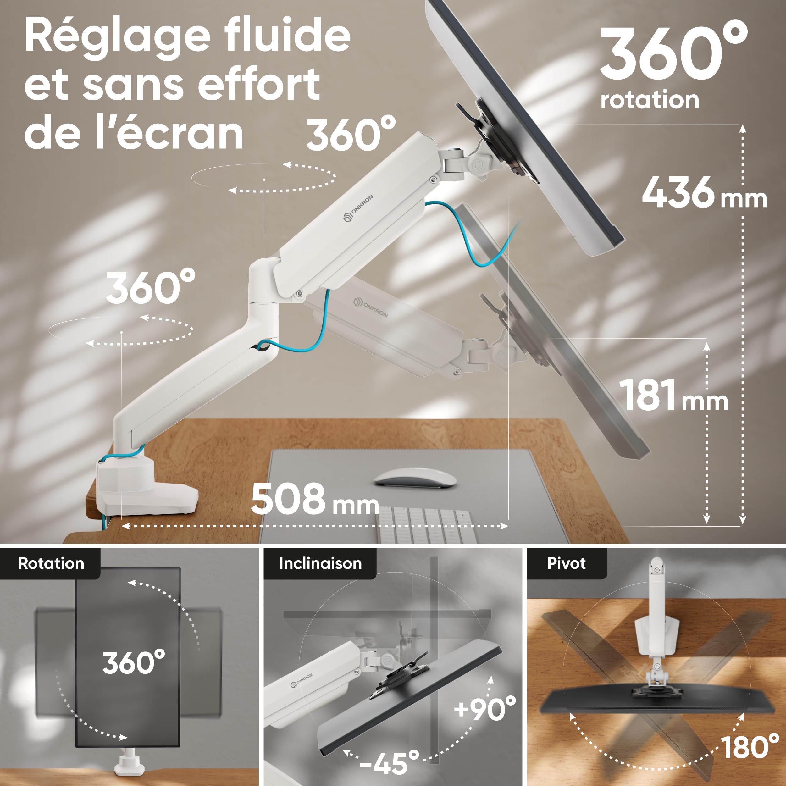 ONKRON Support Ecran PC Bras Articulé 13-32 Pouces 10 kg VESA 75x100 Blanc G80-BW