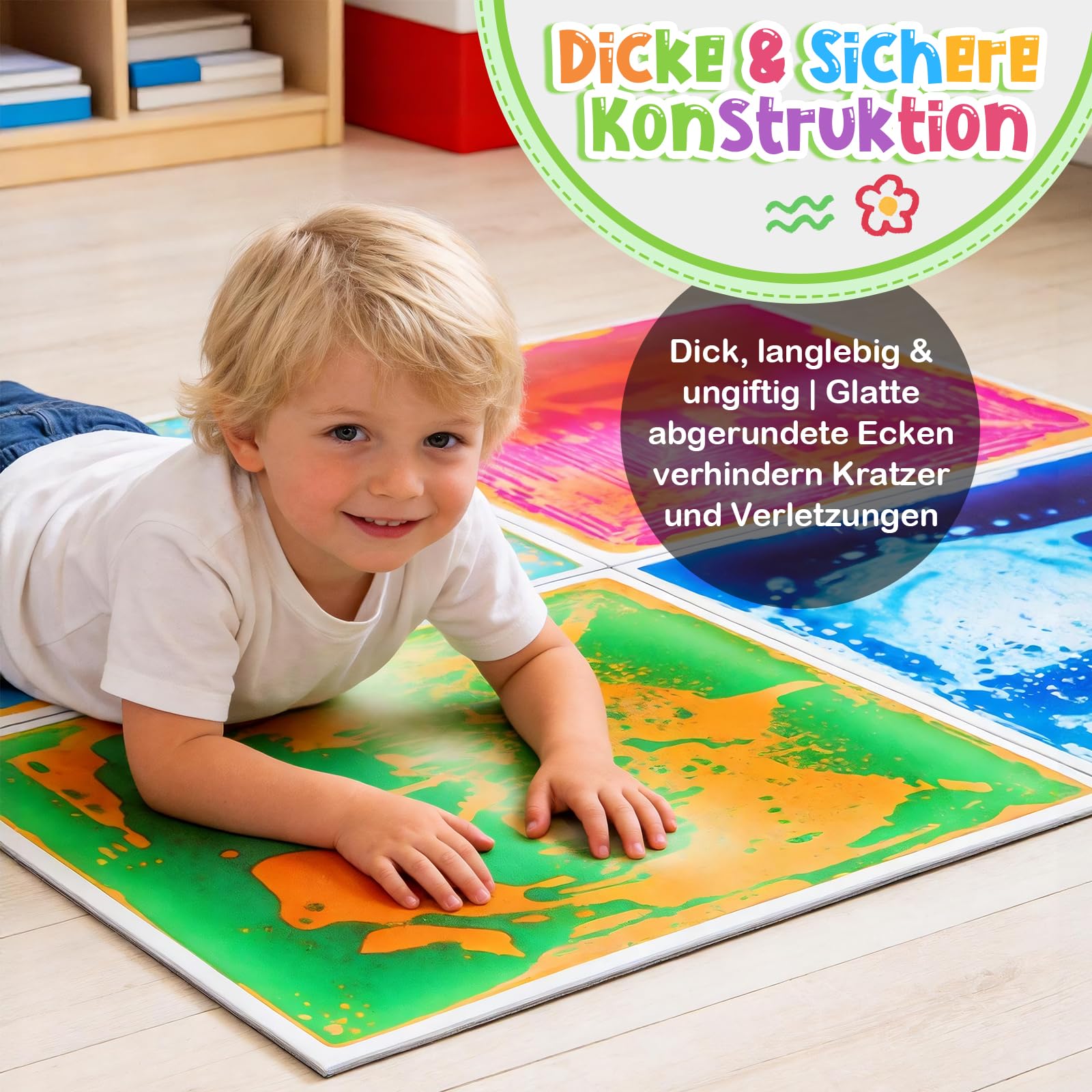 Große Sensorik Matte 50x50cm, flüssige mehrfarbige Bodenfliese PVC, CE EN71 Sensorspielzeug für Haus, Kindergarten und Autismus (4, 4pcs-5050-4COLORS)