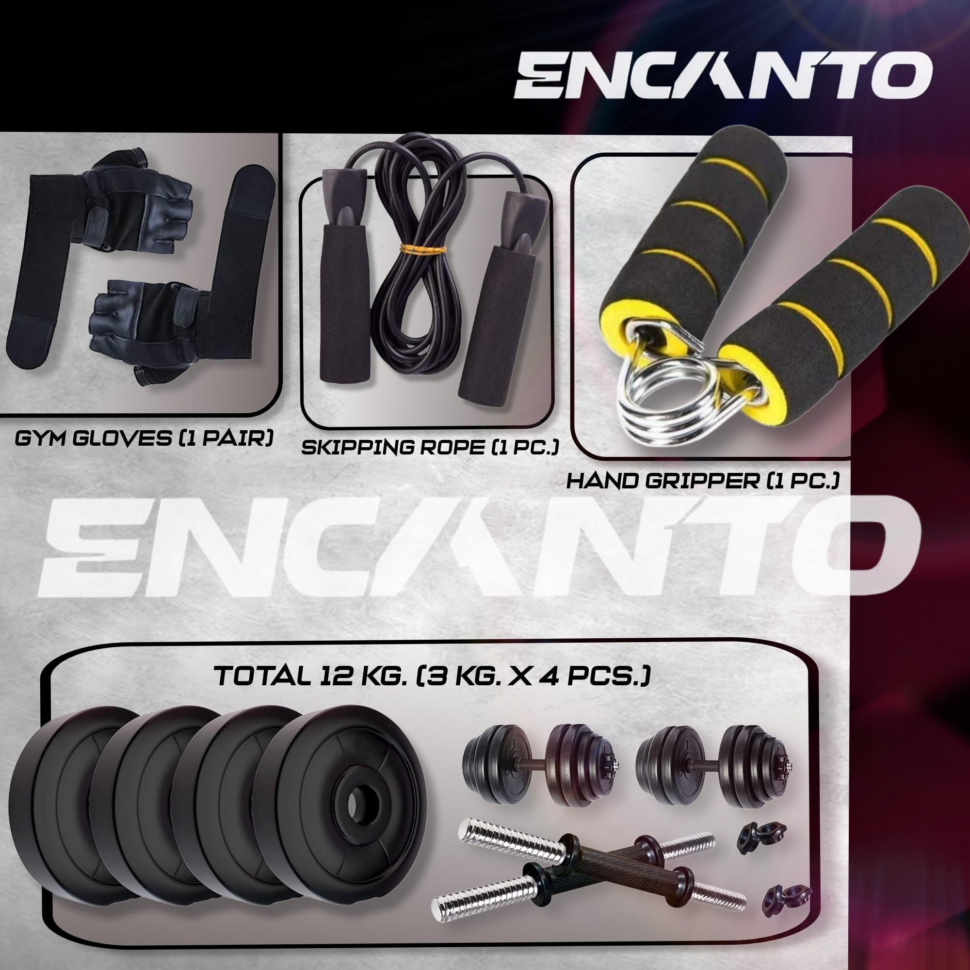Encanto Home Gym Combo 10 KG Dumbbell Set, One Pair of Adjustable Dumbbell Rods with PVC Dumbbell Plates & Accessories 2