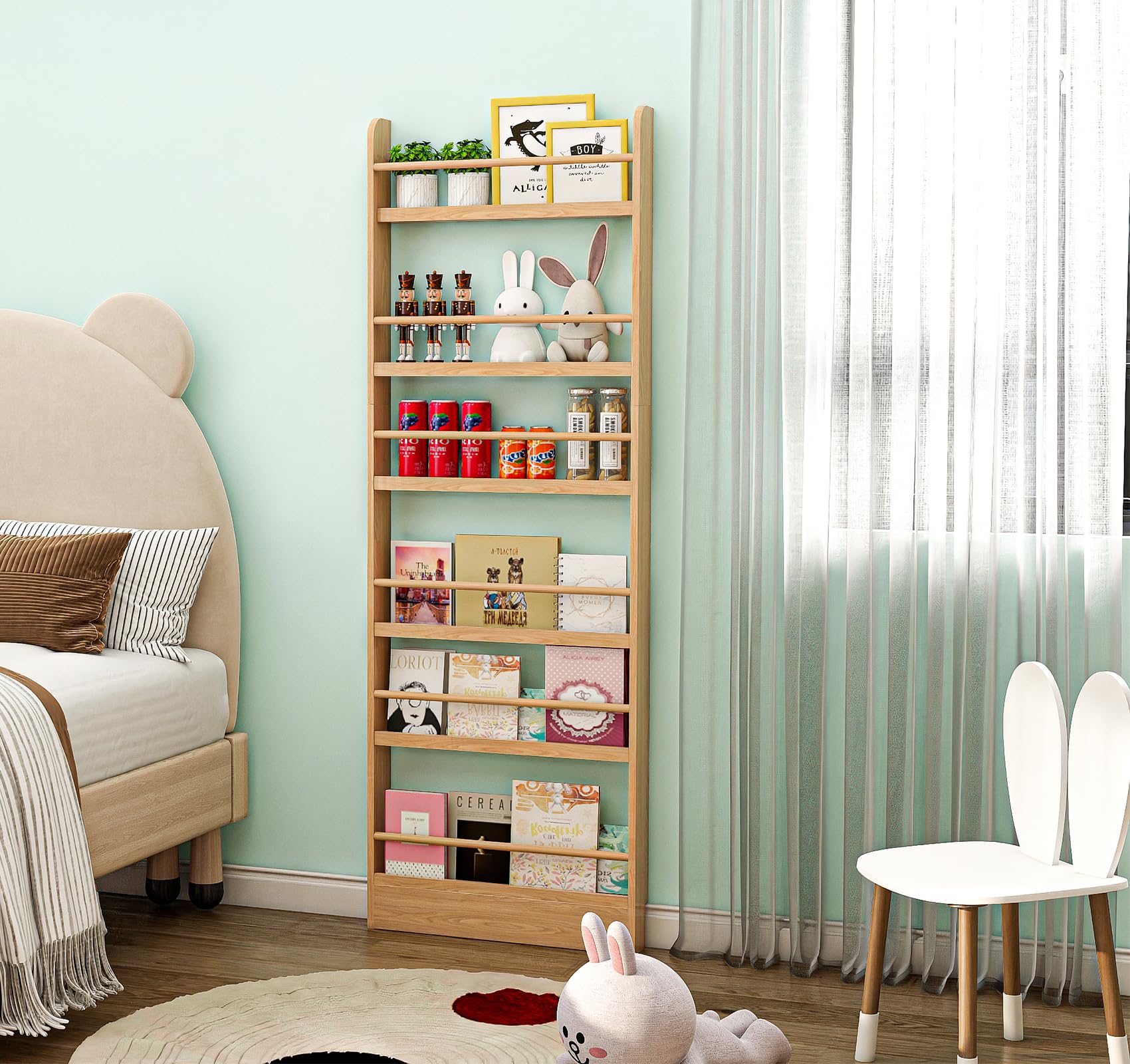 MYOYAY Bibliothèque pour Enfants à 6 Niveaux à Monter au Mur Derrière la Porte Organisateur d’Étagères pour Jouets et Livres Bibliothèque Étroite en Bois Massif Économiseur d’Espace pour Chambre