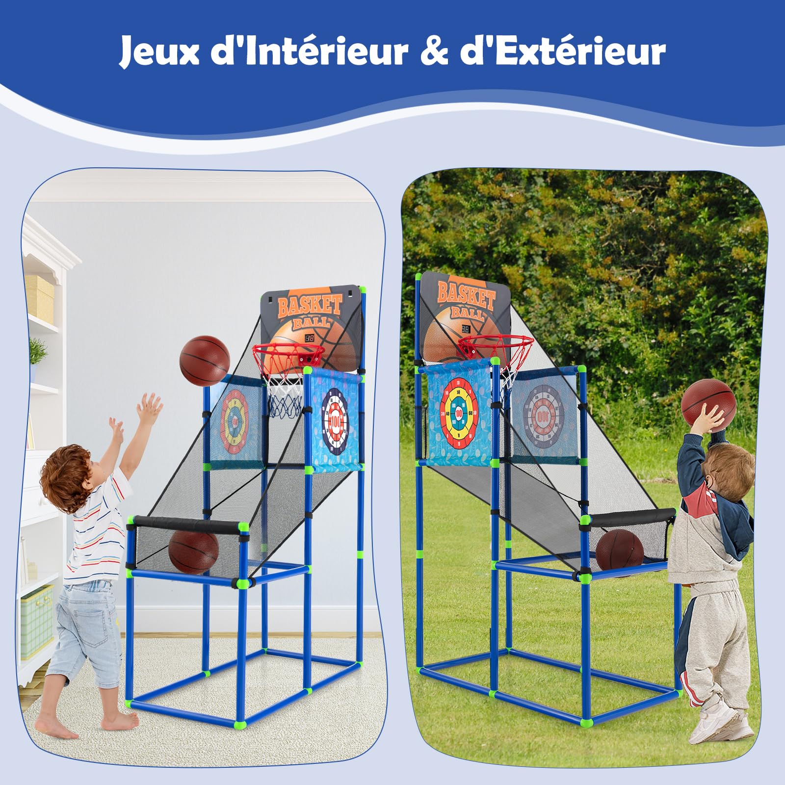 GYMAX Panier de Basket pour Enfants, Jeu de Basket et de Tir 2 en 1, avec Tableau de Score Sonore & 2 Ballons & 2 Cibles & 8 Balles & Pompe à Balle, pour Intérieur/Extérieur