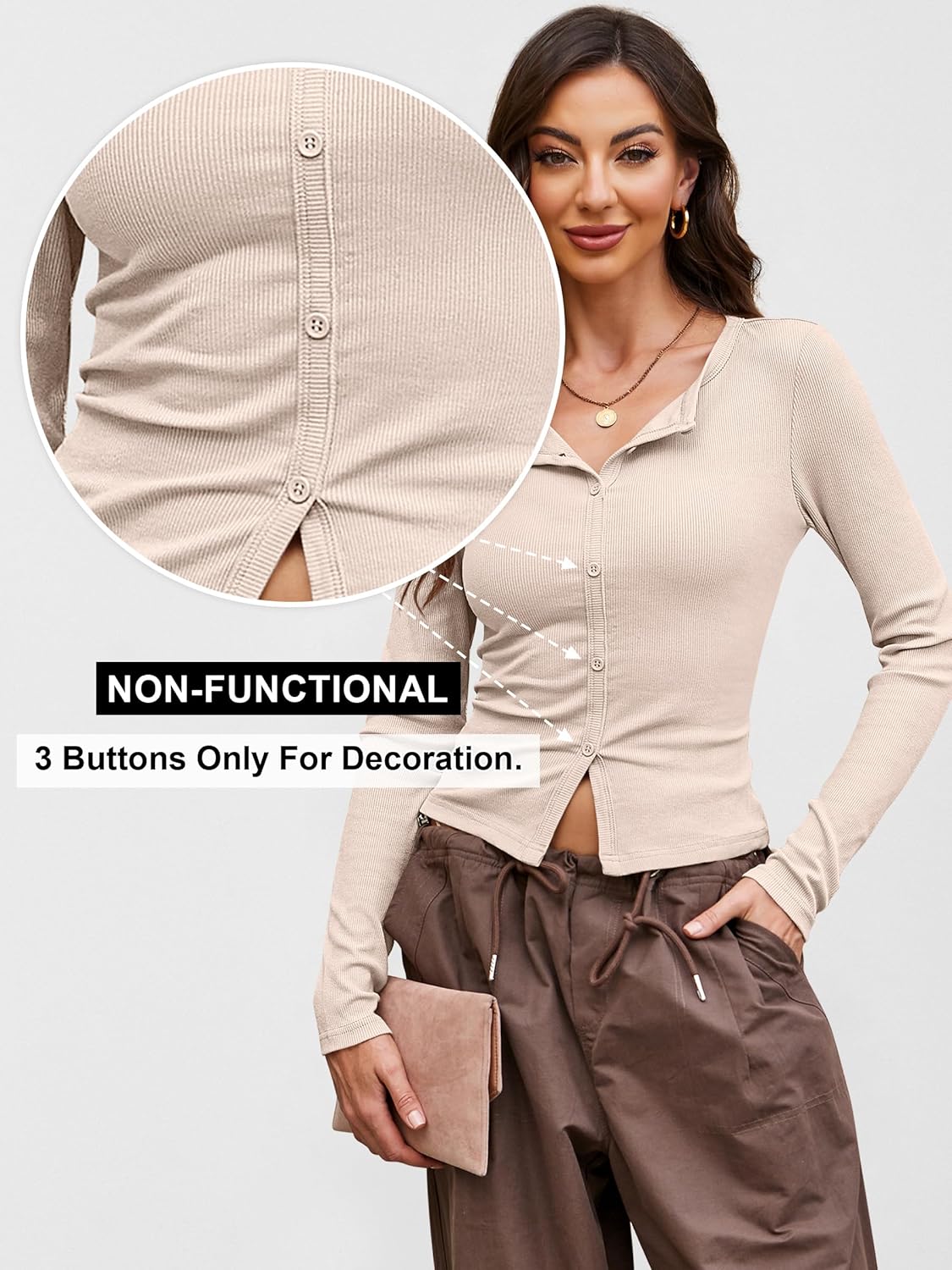 ANRABESS Women Long Sleeve Button Down Shirts Ribbed Knit Slim Fitted Crop Tops 2026 Fall Y2K Dressy Casual Trendy Outfits - Image 2