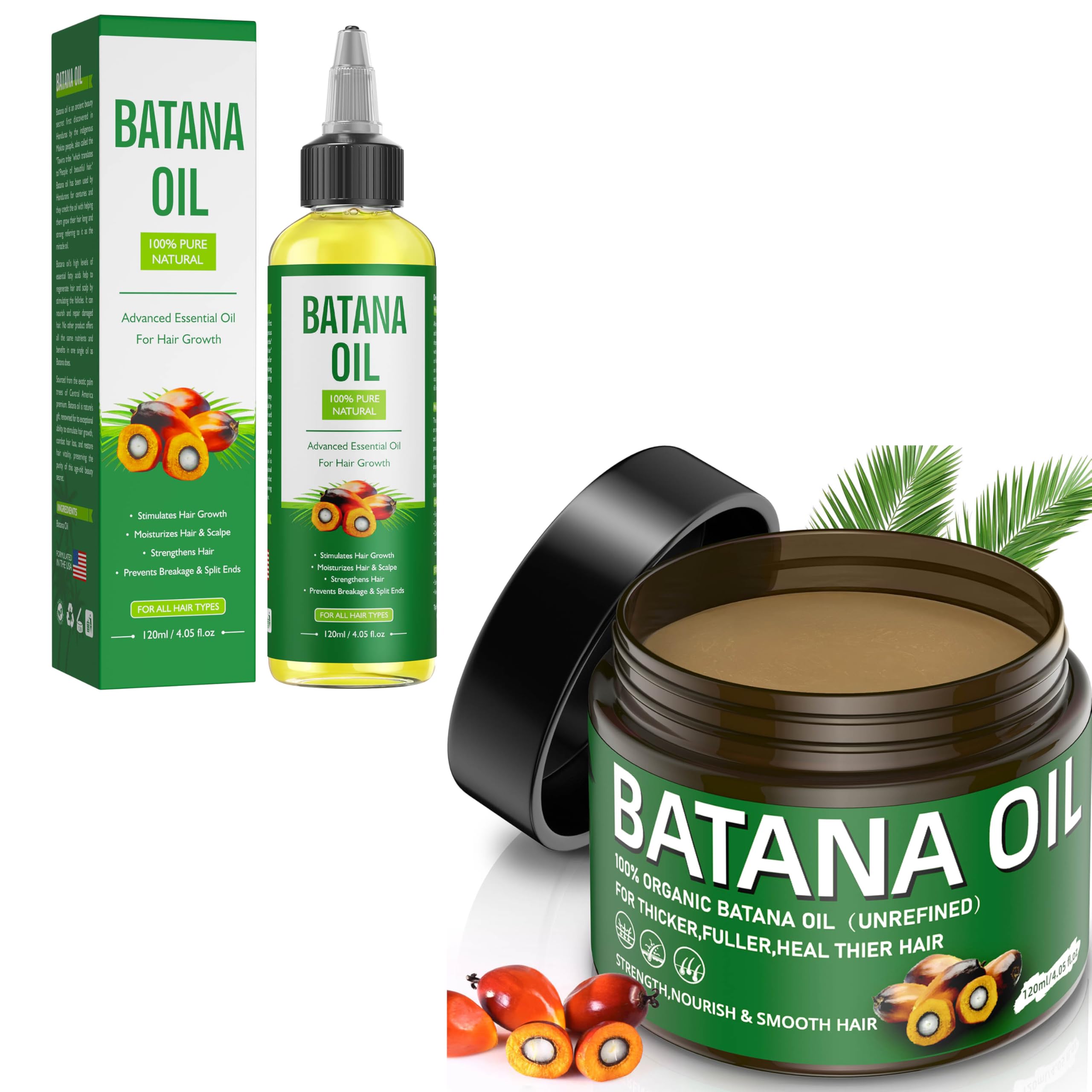 Batana Oil Hair Growth Bundle-100% Natural Raw and PureBatana Oil from Honduras, Dr. Sebi Approved - 4.05 FL OZLiquid & Solid Paste for Thicker, Stronger Hair