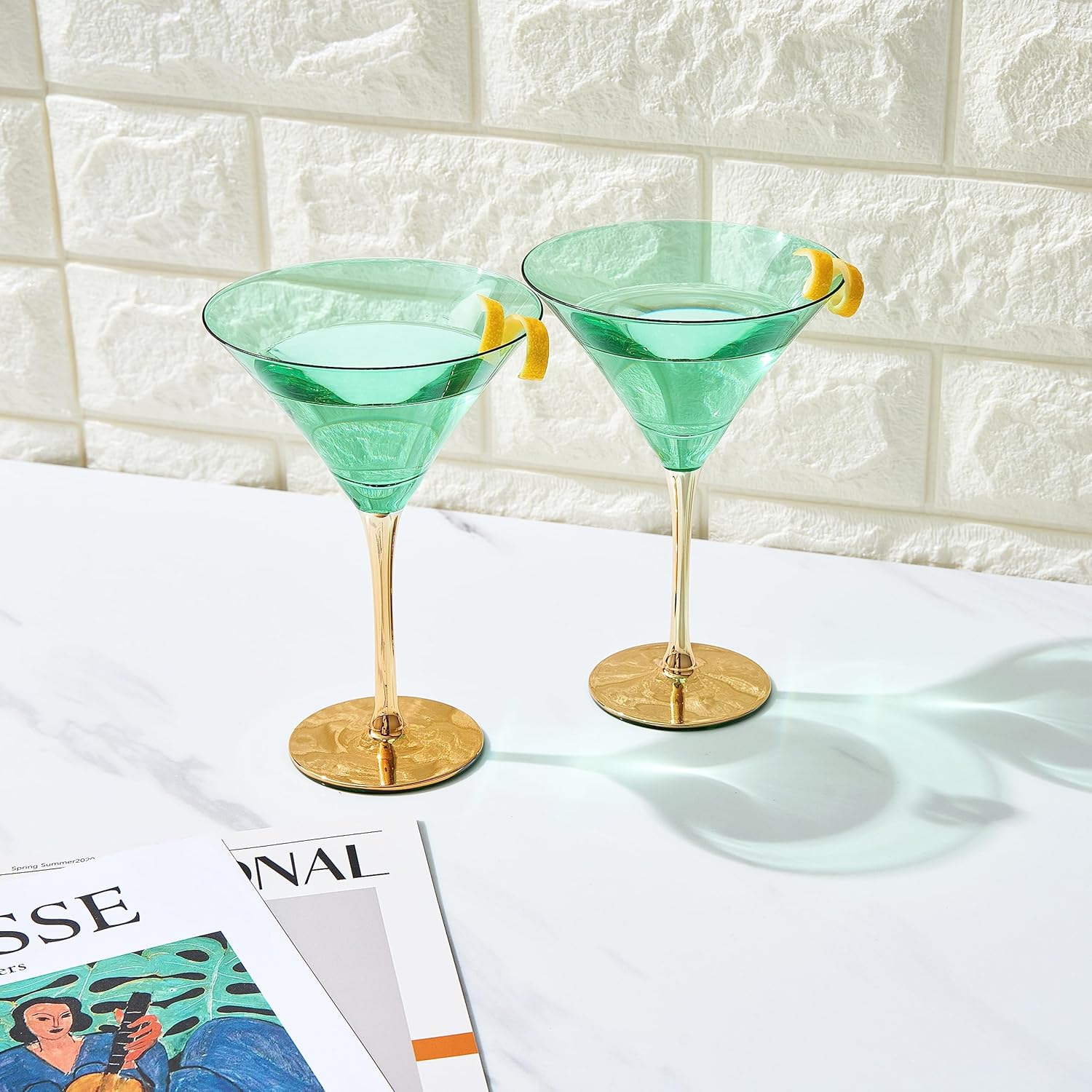 Khen Colored Martini Art Deco Glasses, Gold | Set of 4 | 8 oz Classic Cocktail Glassware for Cosmopolitan, Martini, Bellini, Sidecar, Speakeasy Style Goblets Stems, Vintage Blue, Teal, Green (8 OZ)