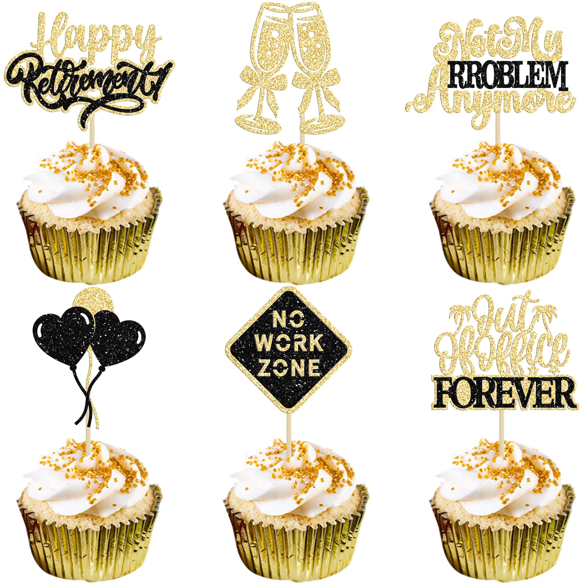 Gyufise 24Pcs Happy Retirement Cupcake Toppers Officially Retired Cupcake Picks Out of Office Forever Retirement Theme Cake Toppers Decorations for Farewell Party Supplies Gold