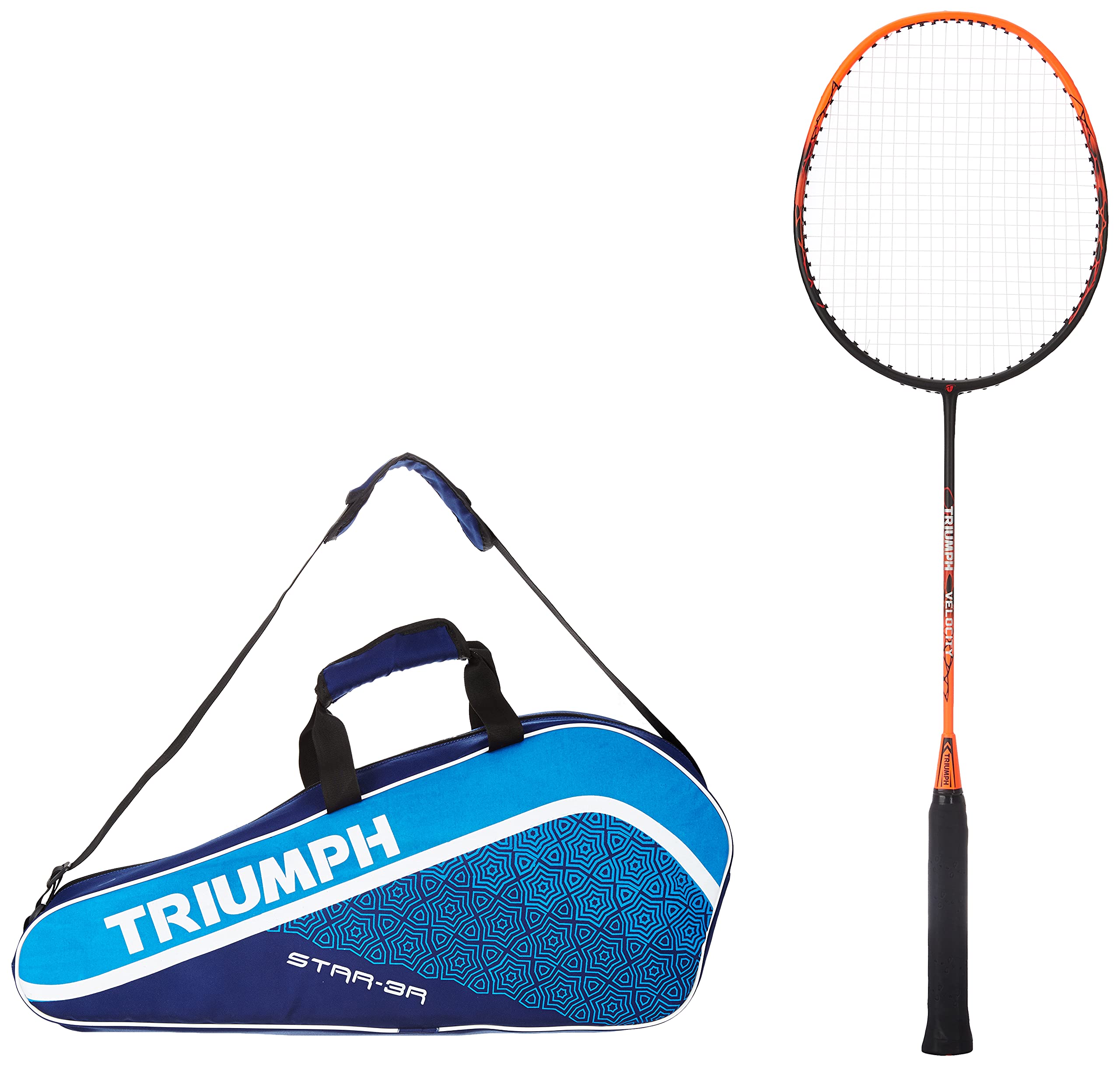 Triumph Velocity Graphite Hotmelt Light Weight Strung Badminton Racket with Star-3R Single Compartment Badminton Bag Blue-picture-25