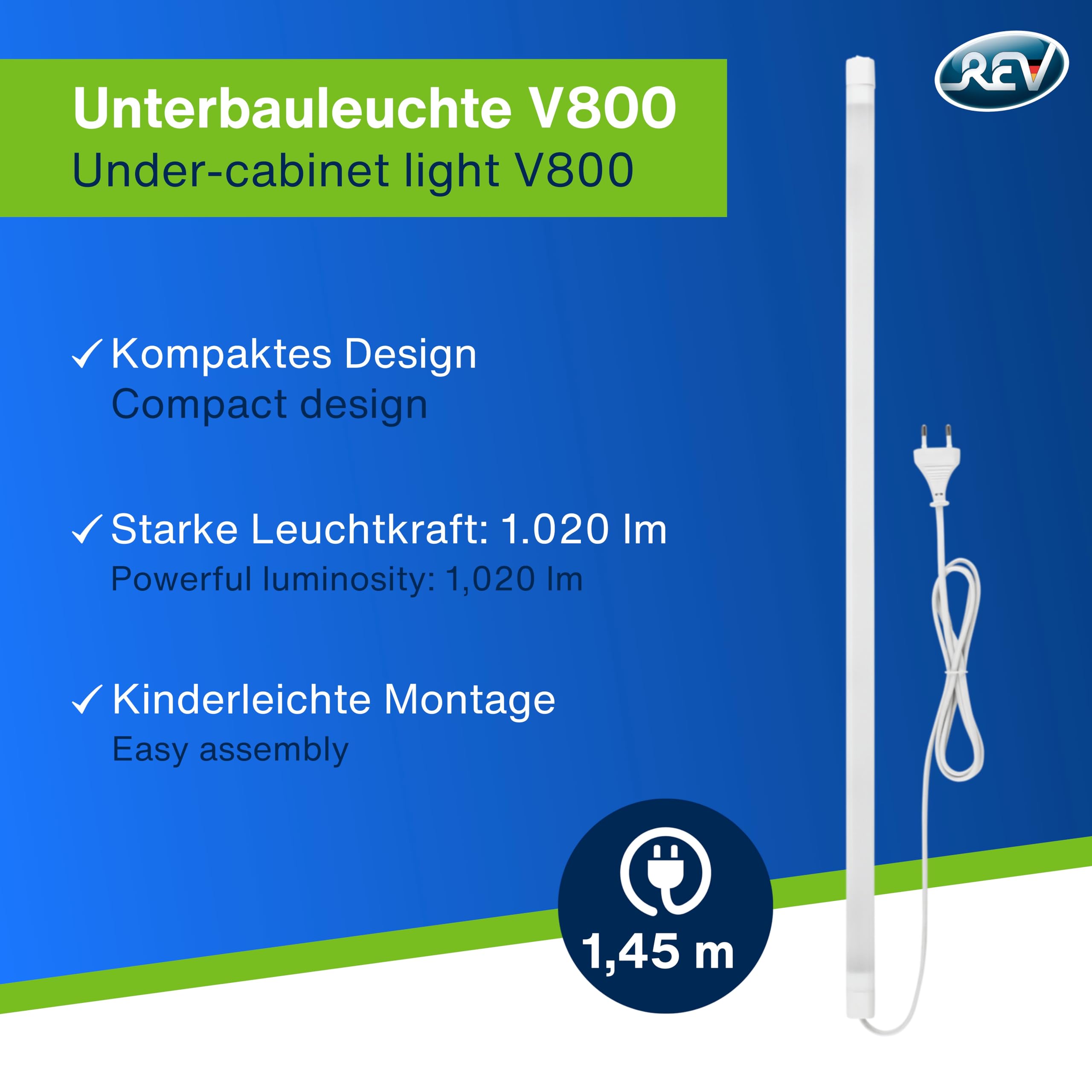 REV Lampa podszafkowa LED do kuchni – oświetlenie szafki 80 cm, 12 W, 1020 lumenów, ciepła biel – listwa LED do kuchni z przełącznikiem – łatwy montaż, biała