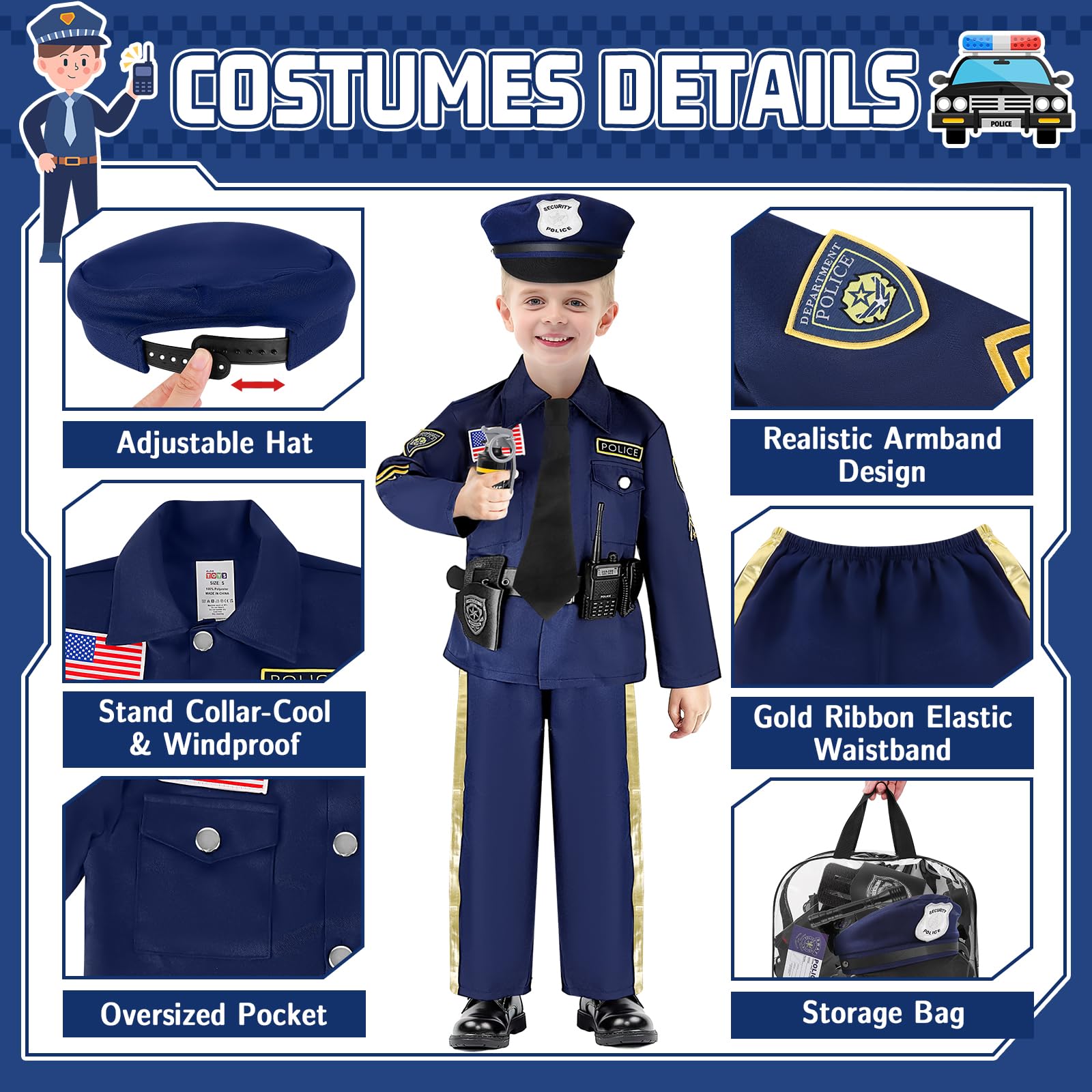 ensemble déguisement agent de police pour enfants (gilet, chapeau, talkie- walkie et disque) dans une pochette ensemble déguisement agent de police pour enfants (gilet, chapeau, talkie- walkie et disque) dans une pochette