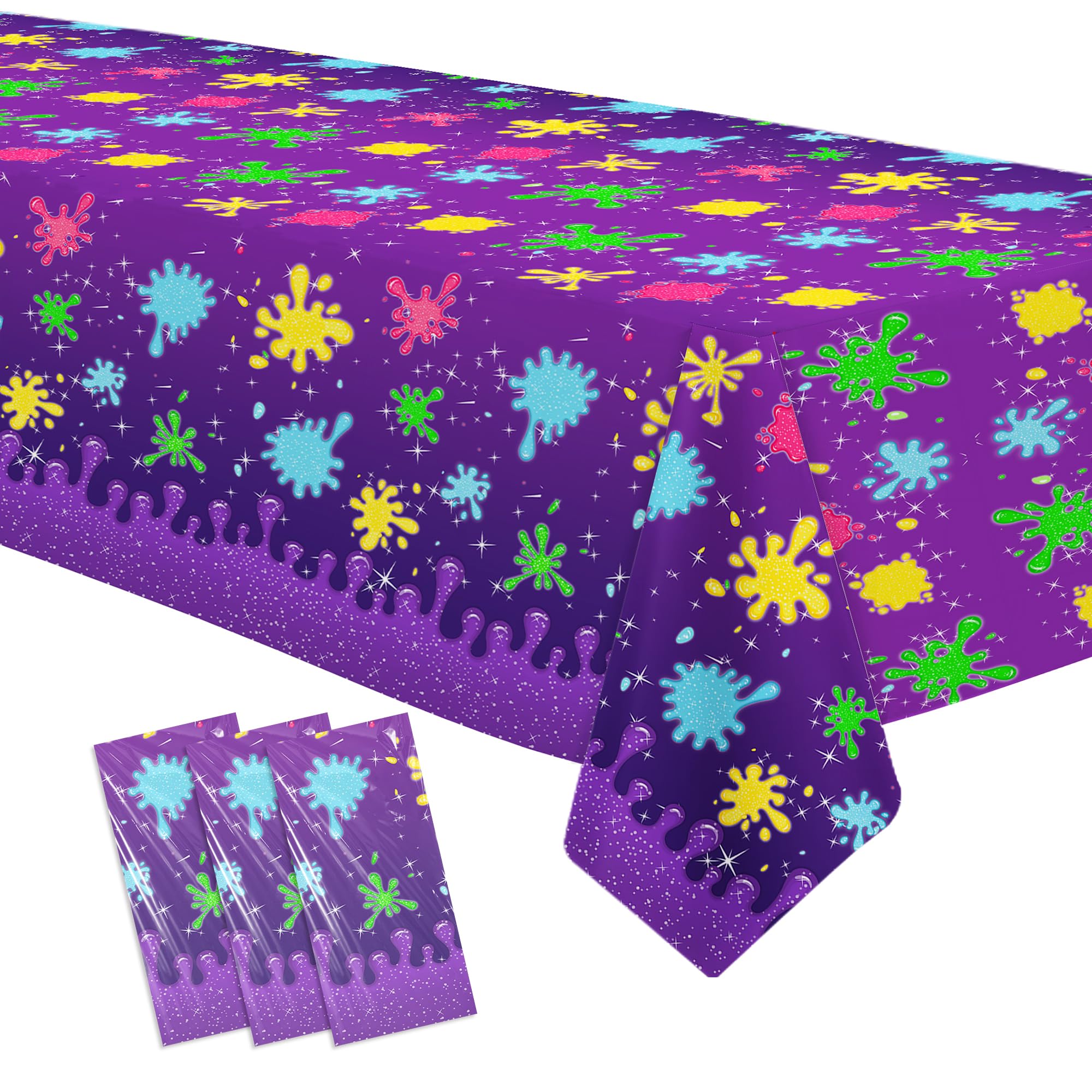Suhelkit Slime Birthday Party Decorations Tablecloth - Purple Glitter Splatter Splash Colorful Slime Party Supplies Table Cover | 3 Pack (54in x 108in