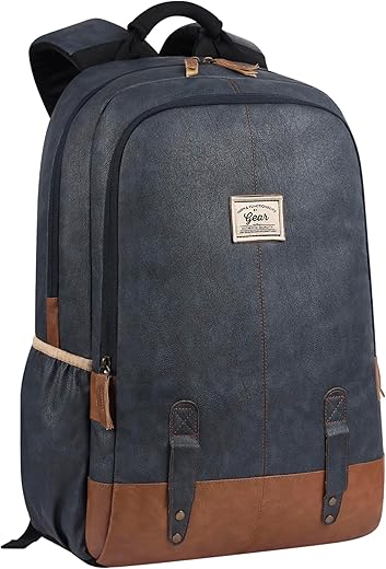 Gear Classic 20L Small Faux Leather Water Resistant Anti Theft 3 Compartment Laptop Backpack/Backpack for Men/Women (Navy-Tan)