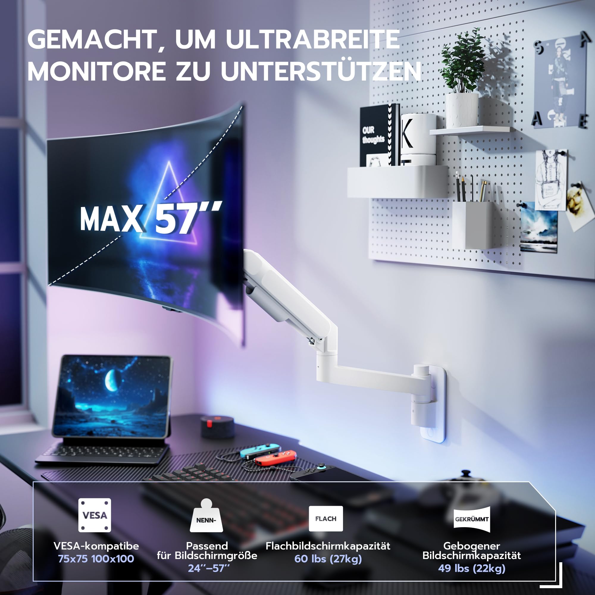 ARES WING 24-57" Monitor Wandhalterung - für Bildschirm bis 27 kg, Gasfeder Monitor Halterung Wand Höhenverstellbar Neigbar Schwenkbar, VESA 75/100, Monitor Halterung für Büro & Gaming, Weiß