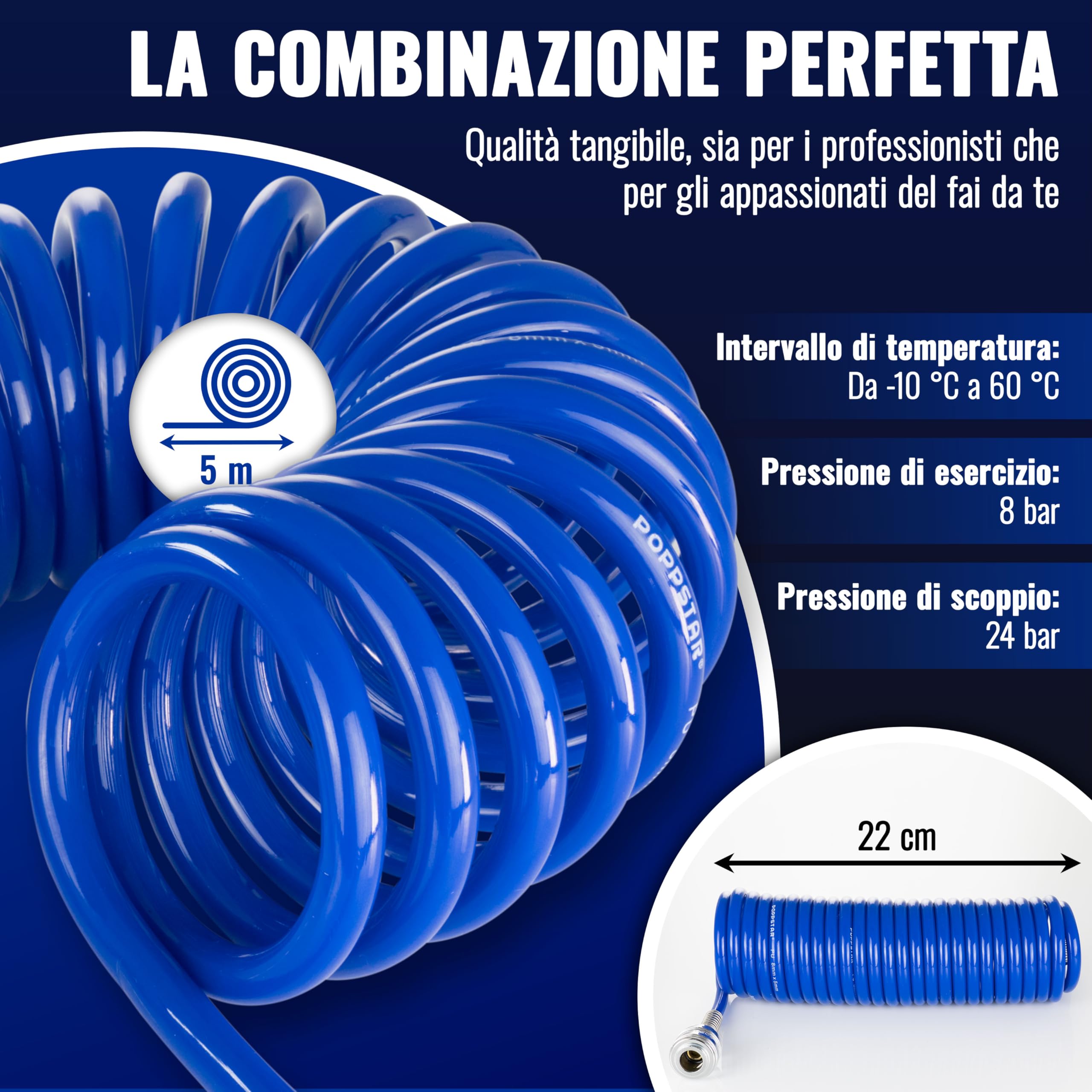 Poppstar Tubo flessibile per aria compressa a spirale 5m in PU (diametro 5 mm x 8 mm) Tubo a spirale per aria compressa con protezione anti-piegatura e raccordo rapido NW 7.2
