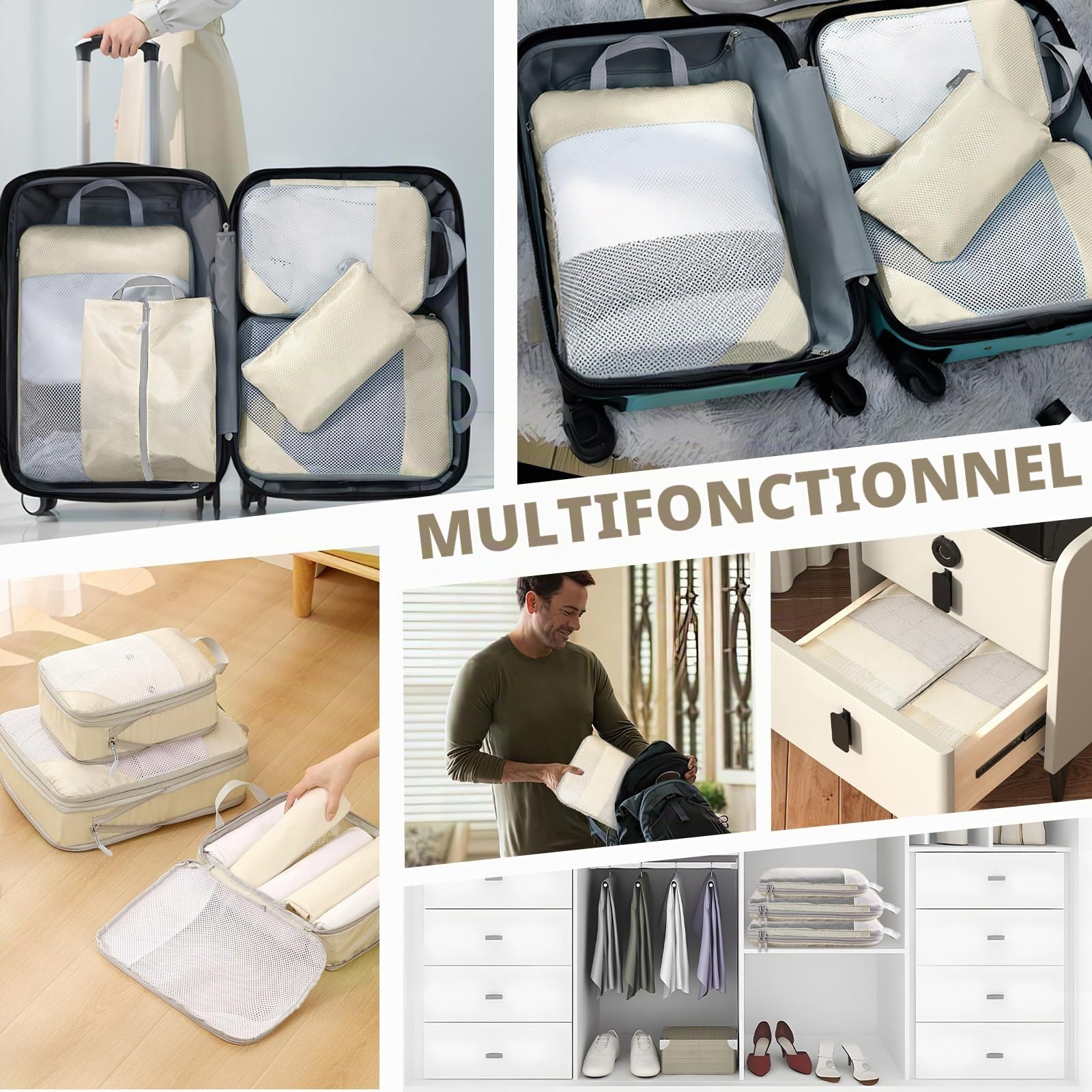 9 Pièces Organisateur de Voyage,Packing Cubes Compression,Organisateur Valise,per Vêtements, Chaussures et Cosmétiques,rangement valise organisateur.(Beige)