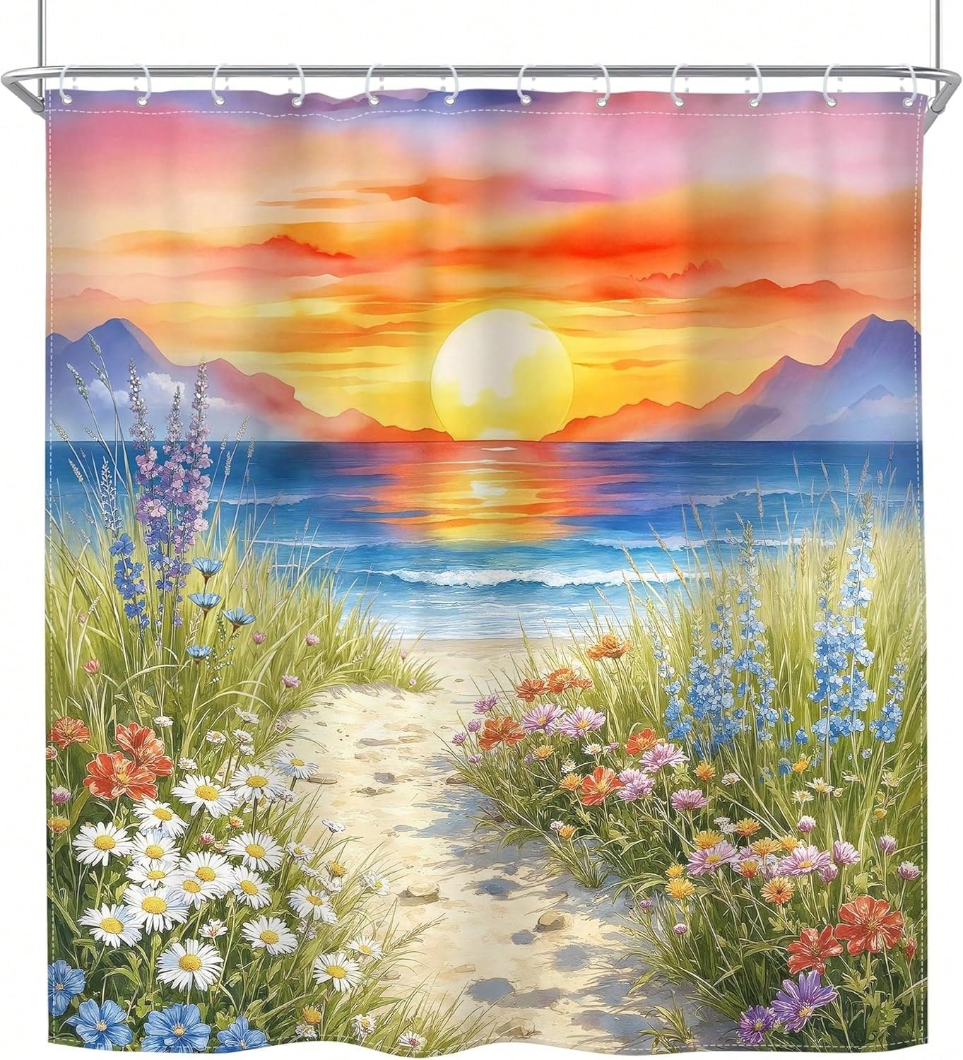GLKSDLPO Ocean Beach Shower Curtain, 3D Digital Painting Spring Colorful Extra Long Wet Room Bathtub Curtain(113x200cm/44x79in(WxH)
