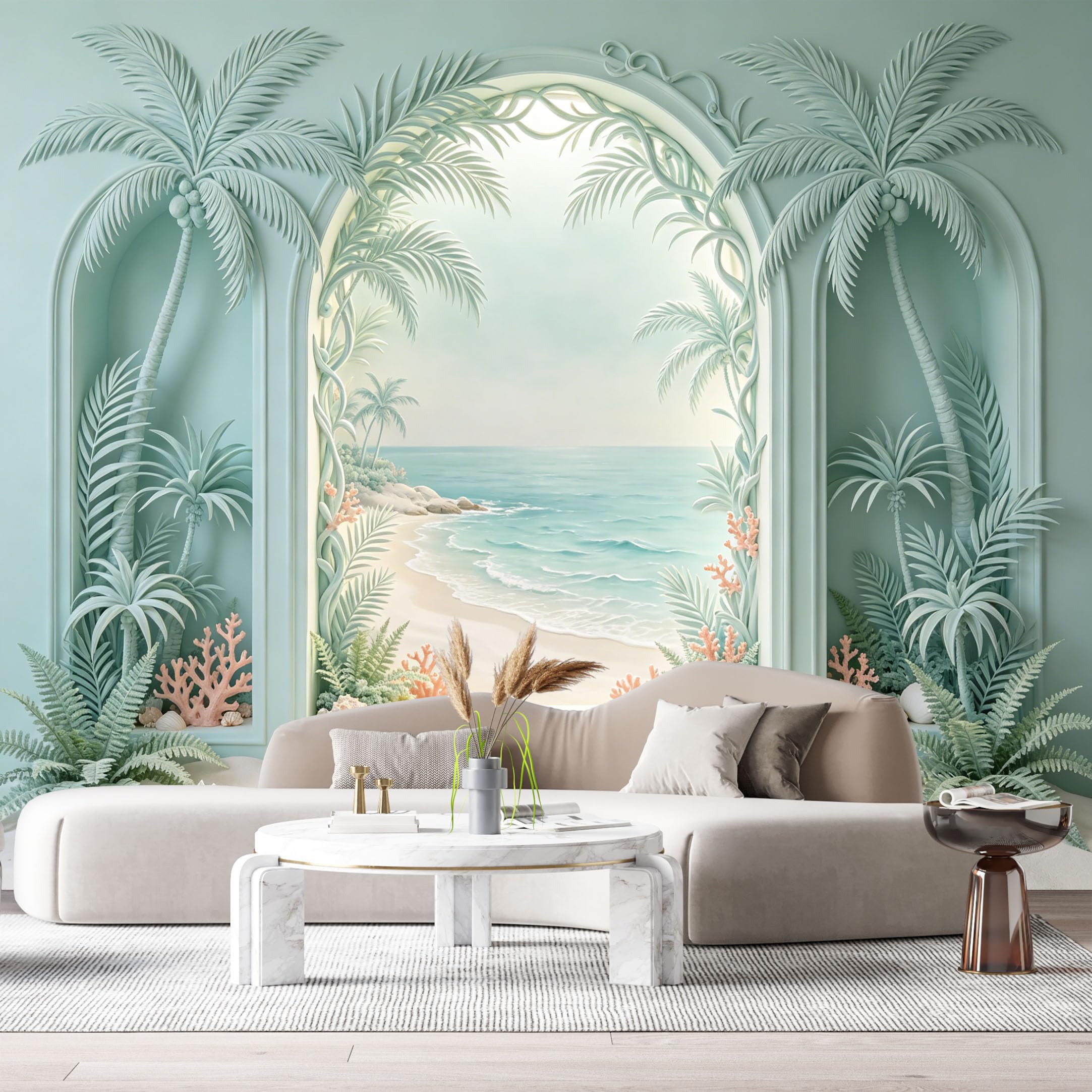 Custom Size Wall Mural Coastal Tropical Palm Archway 3D Trompe L'Oeil SelfAdhesiveWall Fabric Removable Wallpaper Wall Decor for Living Room Bedroom Bathroom