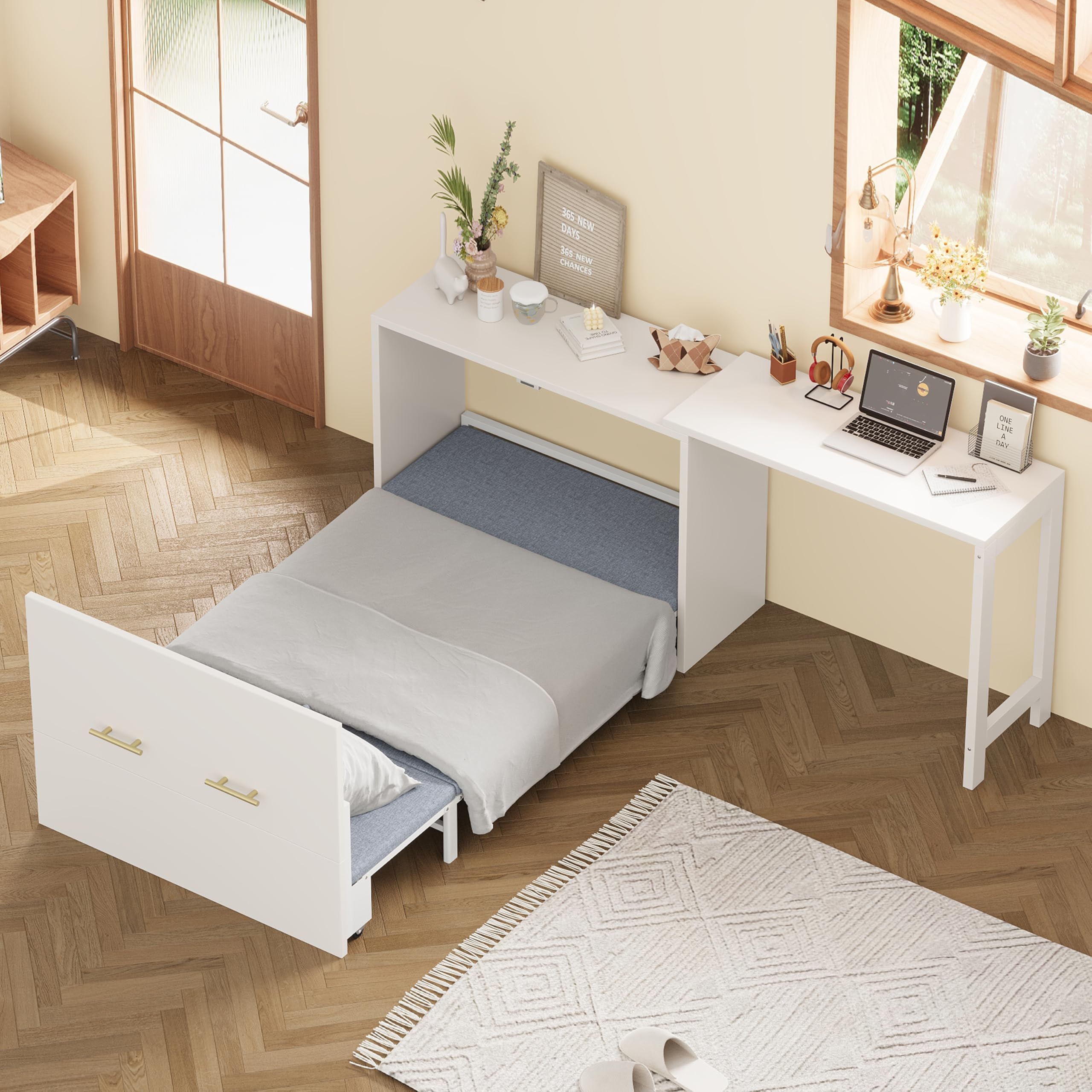 Twin Murphy Cabinet Bed with Adjustable Desk, Foldable Cushion, 500 lb Capacity, Small Space White