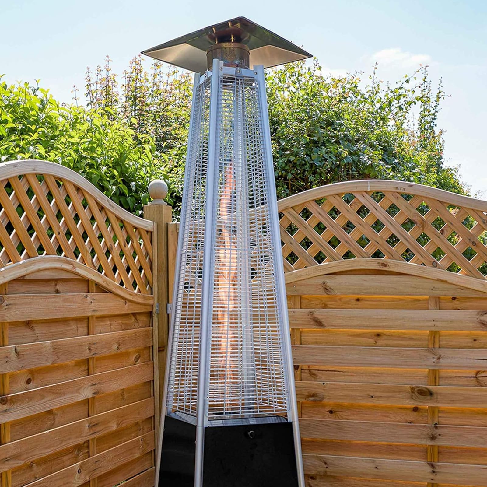 Riscaldatore da Patio a Piramide, Riscaldatore da Esterno a Fiamma Reale in Acciaio Inox, Riscaldatore a Propano da Esterno a Riscaldamento Rapido con Ruote e Copertura Impermeabile