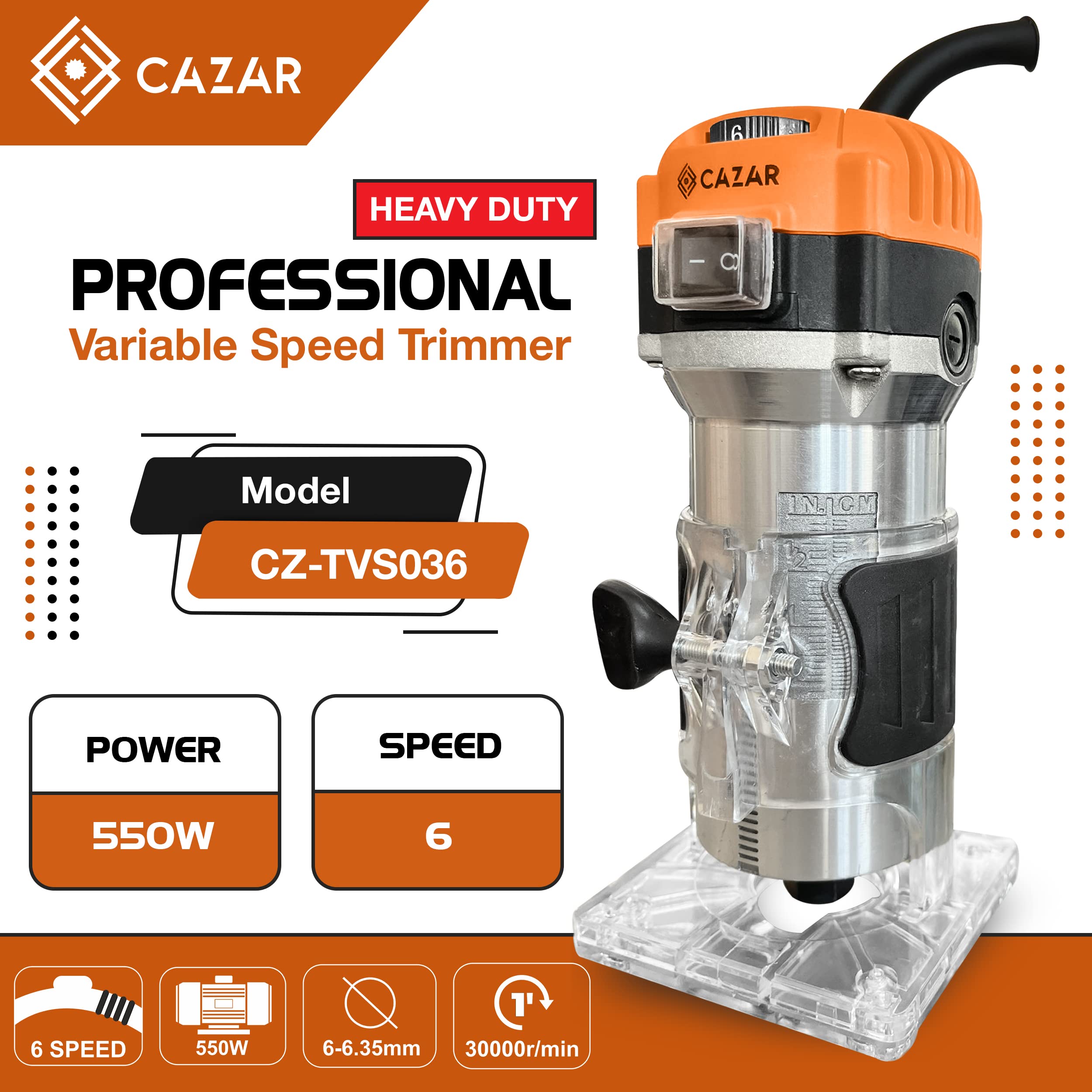 CAZAR CZ-TVS036 Variable 6-Speed Metal Body Wood Trimmer/Router (6-6.35 mm) machine with 6-Pieces Different Shaped 6.35 mm Router Bit Set, 6mm, 6.35mm and 8mm Collets, 3m long cord+Saftey Hand Gloves 1