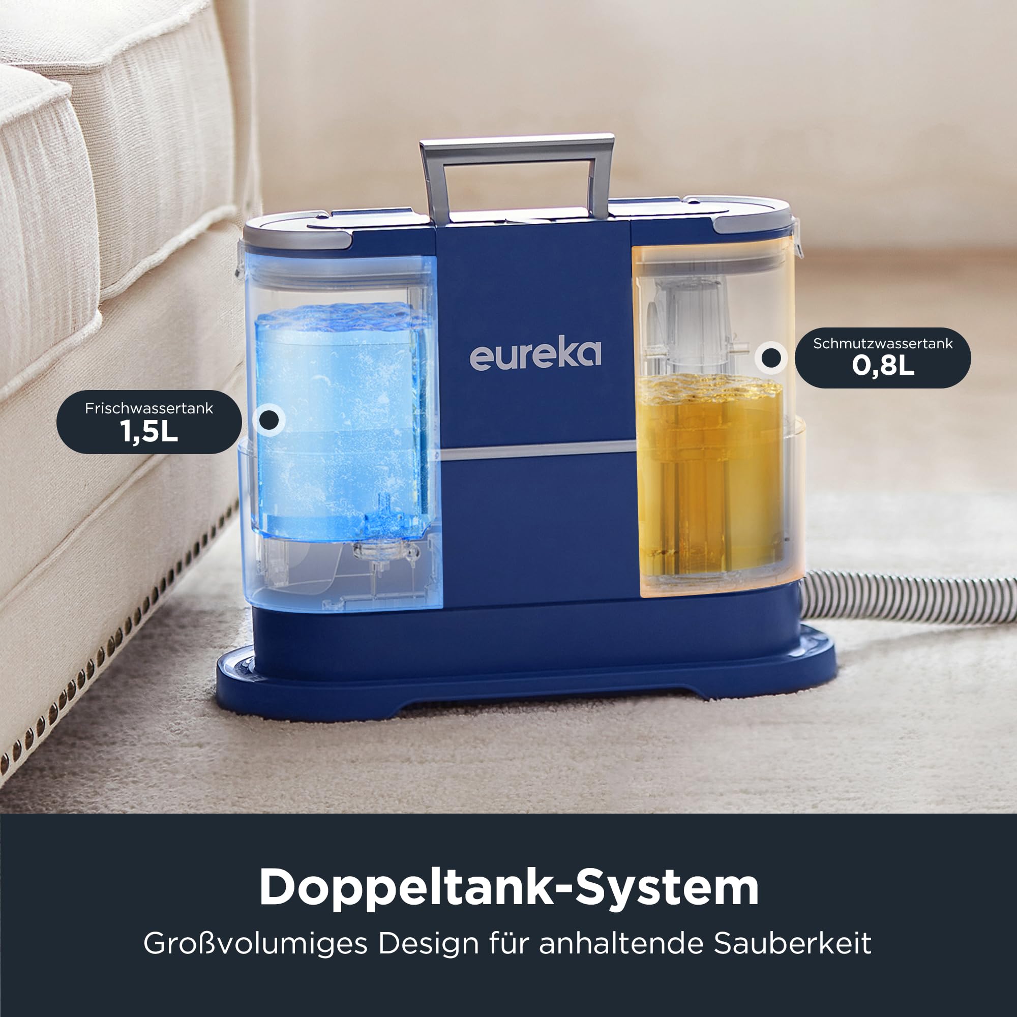 Eureka NEY100 Waschsauger, Teppichreiniger, Polsterreiniger | für Sofa, Vorleger, Polster, Auto | Nass-Trocken-Sauger mit starker Saugkraft 12500Pa, 82dB, 1,5L großer Wassertank mit Reinigungsformel