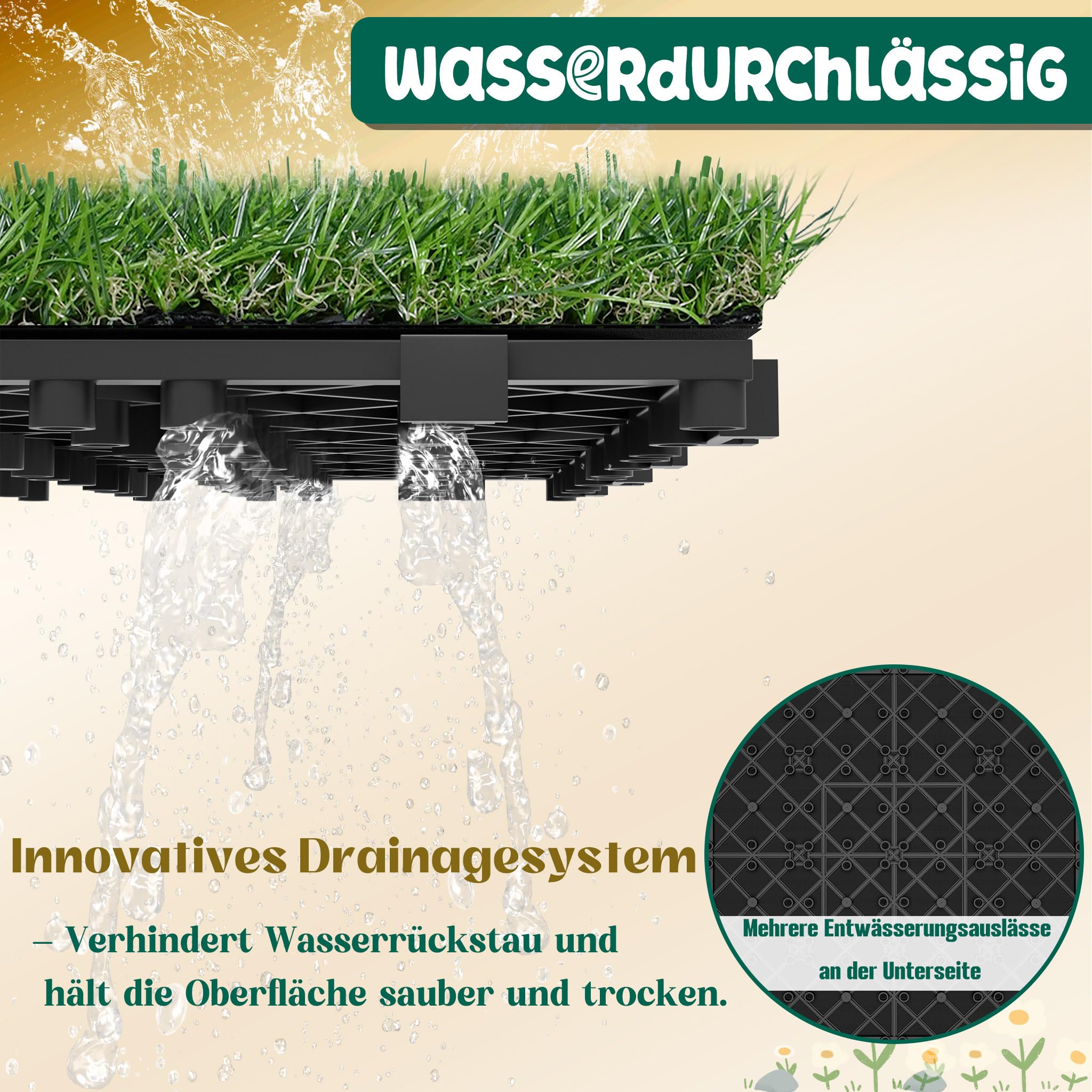 Kunstrasen Fliesen 30×30 cm, 11 Stück – 40 mm hoher Outdoor Kunstrasenteppich mit Drainagelöchern, UV-beständig & wetterfest – Künstlicher Rasen für Balkon, Garten & Terrasse
