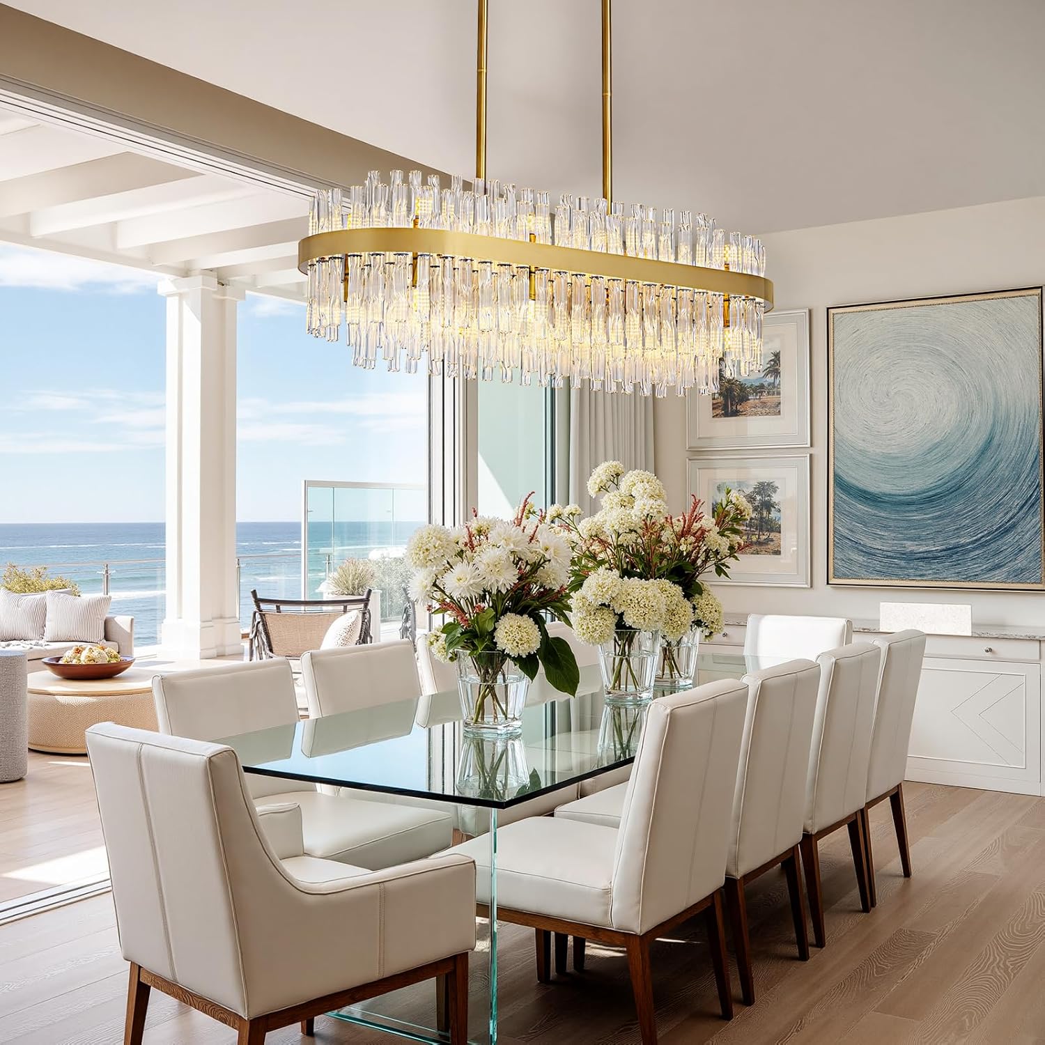 16-Light Modern Gold Rectangle Chandeliers for Dining Room Kitchen Island Light Fixture, 2 Tiers Wave Crystal Glass Chandelier for Living Room, L33.5''