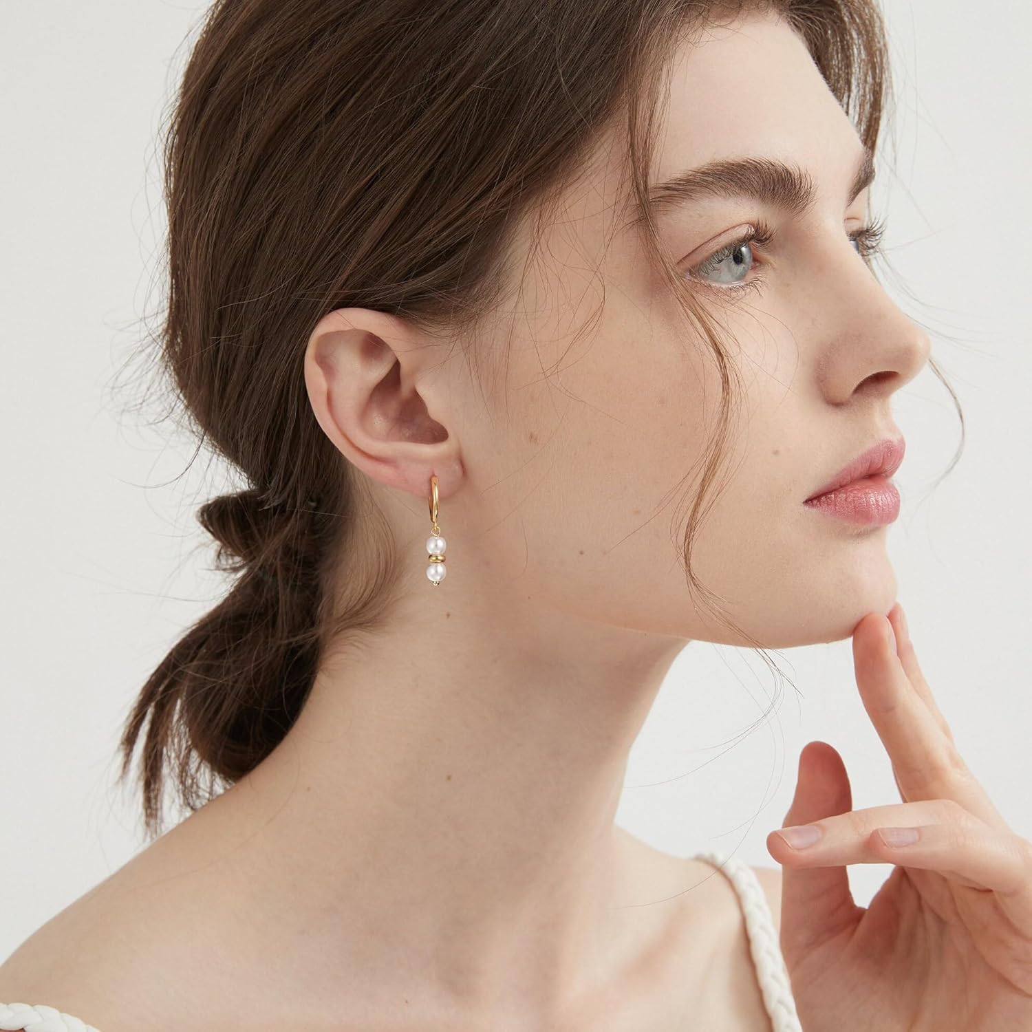CHESKY 14K Gold Plated Dainty Pearl Earrings for Women Trendy,Huggie Hoop Earrings Non Tarnish,Bridal Dangle Earrings for Wedding Jewelry - Image 2