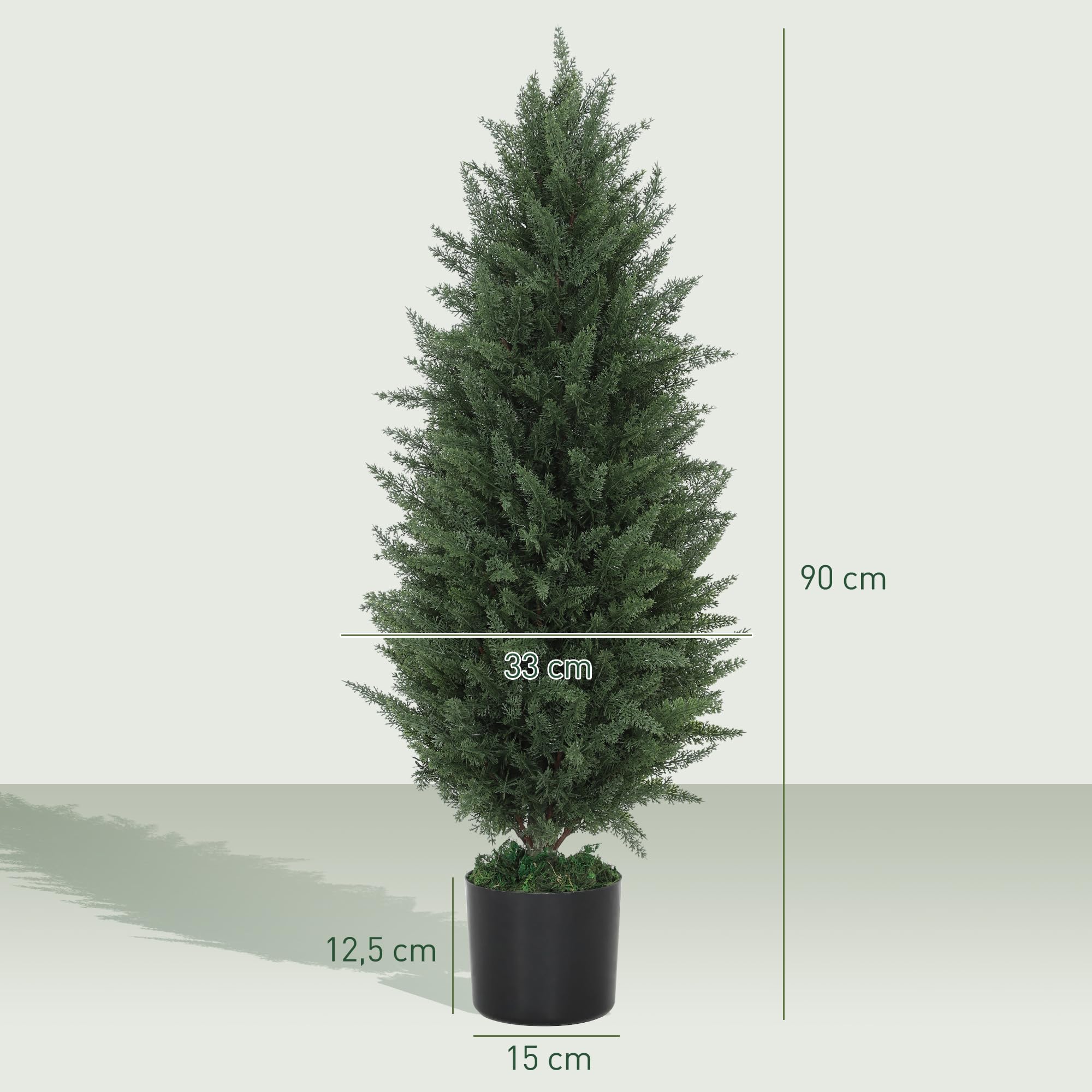 HOMCOM Sztuczny cyprys, zestaw 2 sztuk, duże, 90 cm, sztuczne rośliny w doniczce, odporne na działanie promieni UV, sztuczne drzewo, jak prawdziwa dekoracja do salonu, sypialni, na zewnątrz
