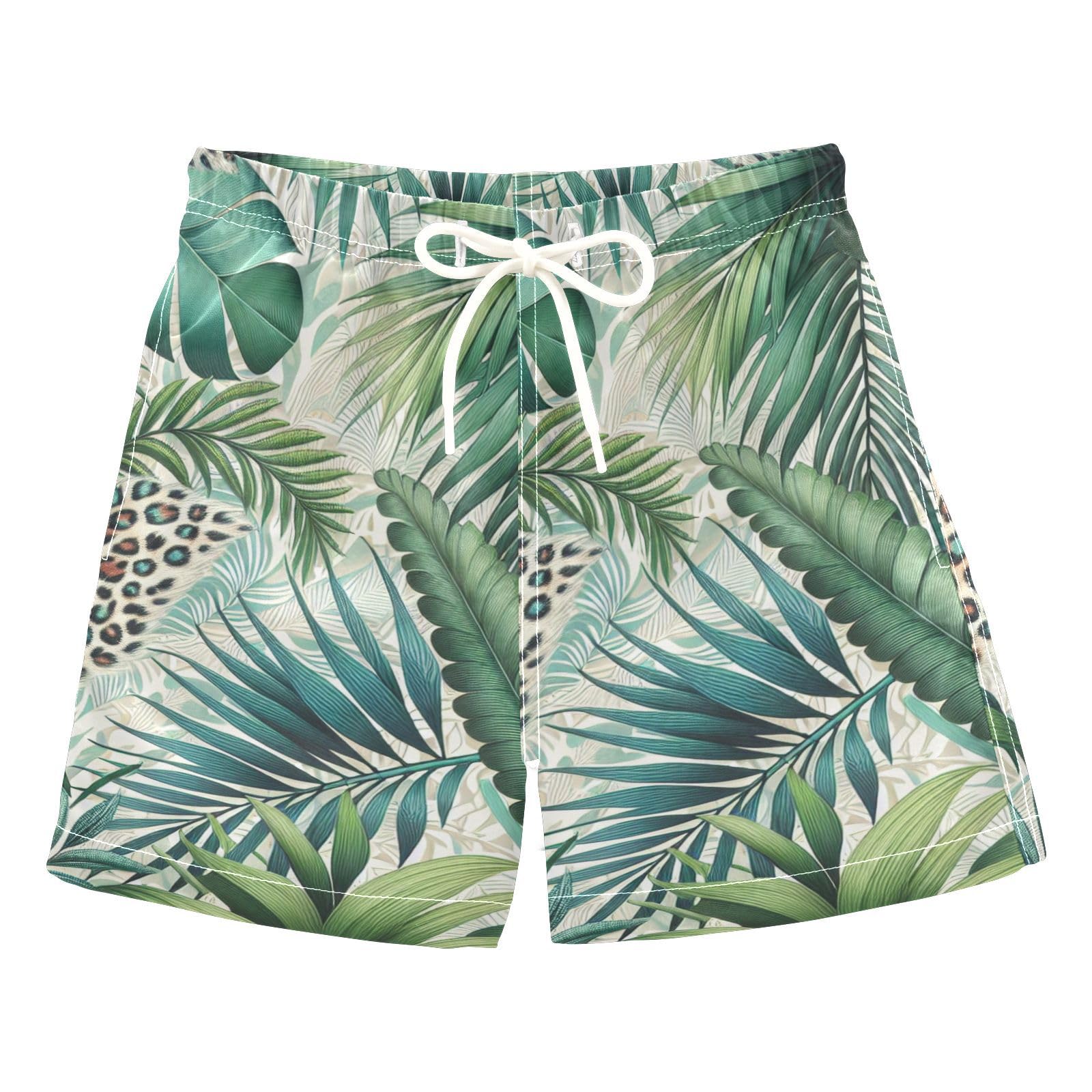 FLildon Vibrant Palm Leaves Leopard Print Little Boys Swim Trunks with Mesh Lining Quick Dry Beach Board Shorts, 3T