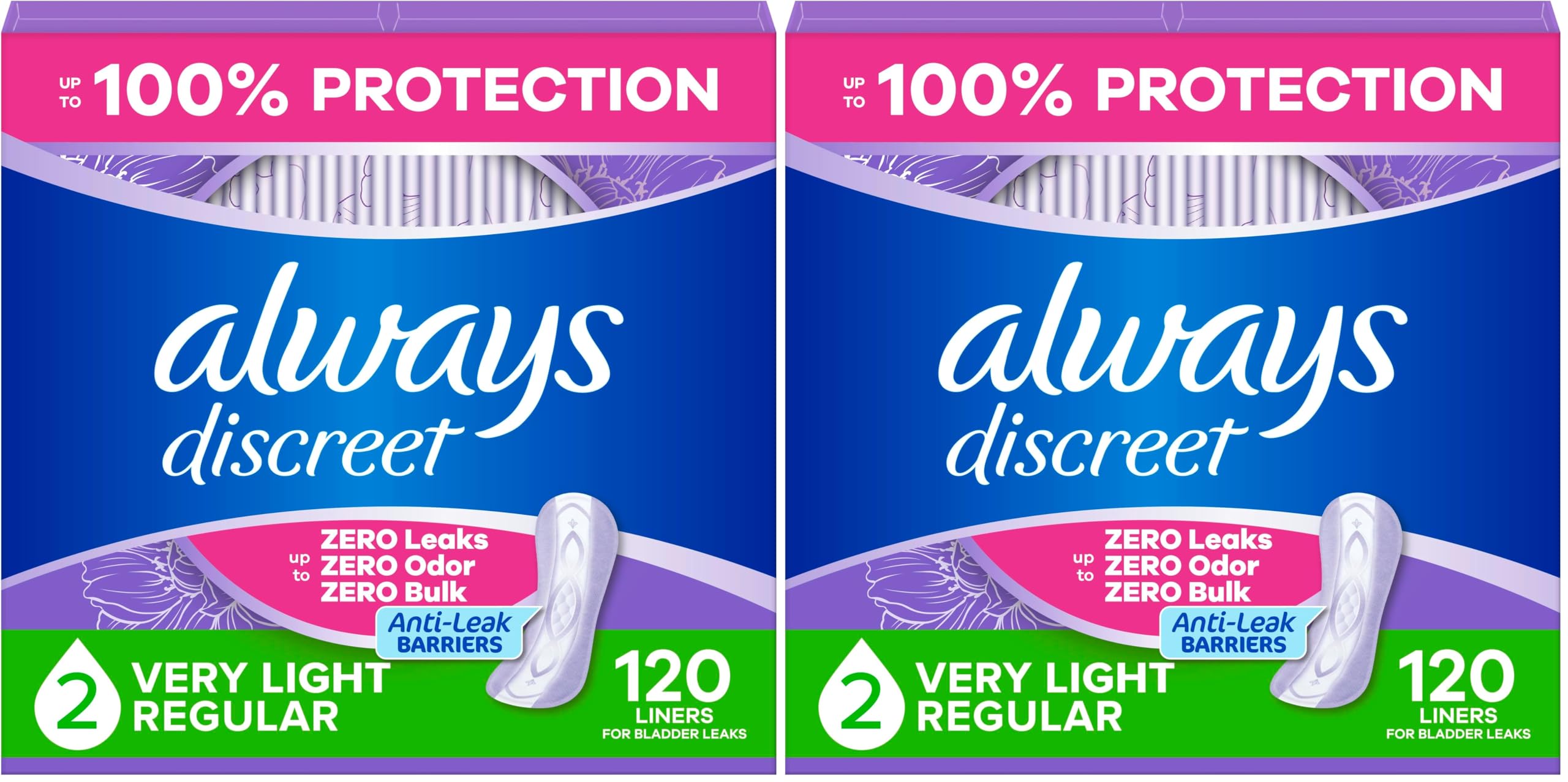 Always Discreet Incontinence Panty Liners for Bladder Leaks, Size 2, Very Light Absorbency, 120 Count (Pack of 2)