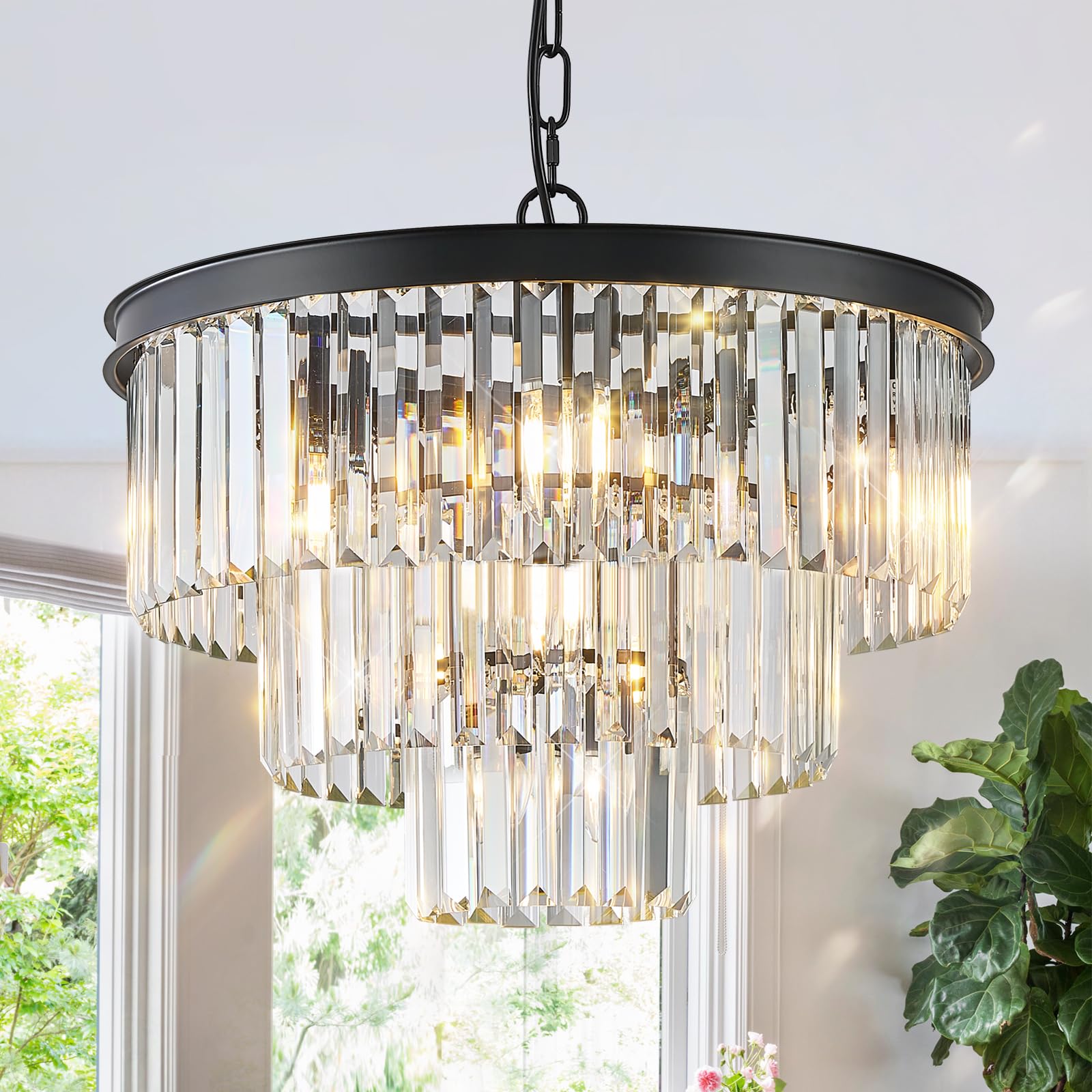 Black Crystal Chandeliers, 20'' Modern Chandeliers for Dining Room 3 Tiers 7 Lights Luxury K9 Crystal Ceiling Pendant Round Light Fixture for Foyer Kitchen Bedroom Closet