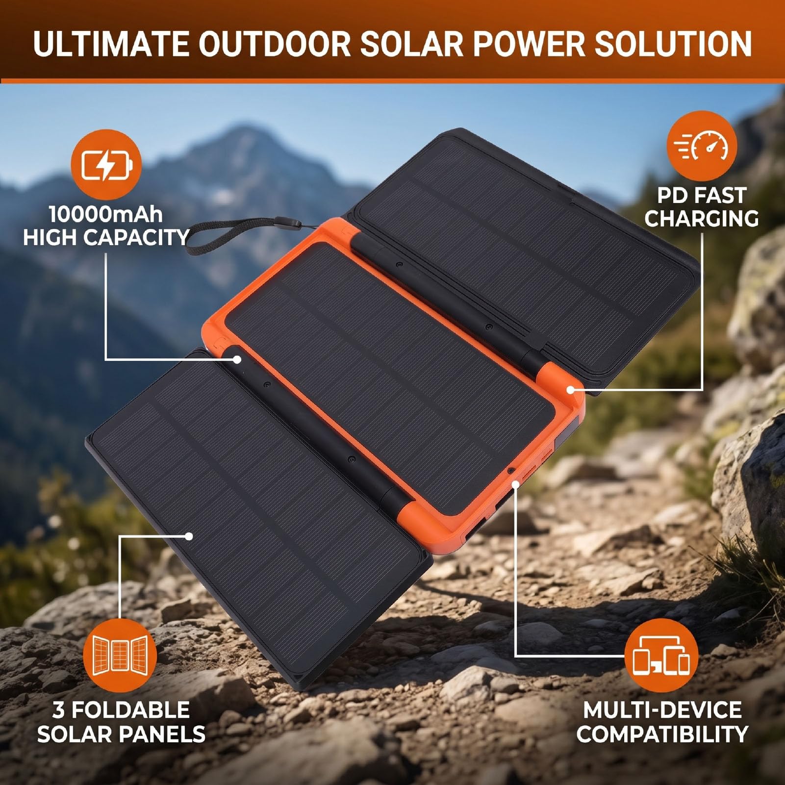 Akozon Caricabatterie Solare per Telefono da 10000 MAh con 3 Pannelli Pieghevoli Luce da Campeggio PD Caricabatteria Portatile a Ricarica Rapida per Router CCTV Telecamera di Emergenza