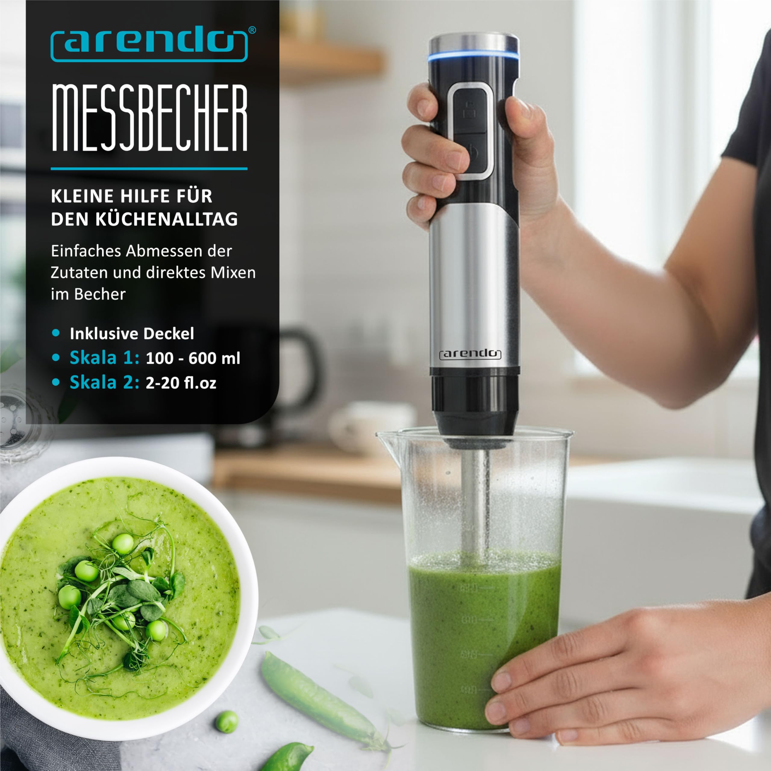 Arendo - Mixeur plongeant sans fil - 200 W - Avec batterie - Batteur à main en acier inoxydable - Batteur à purée - Fouet - Verre doseur - Vitesse continue - Verrouillage des touches - Set