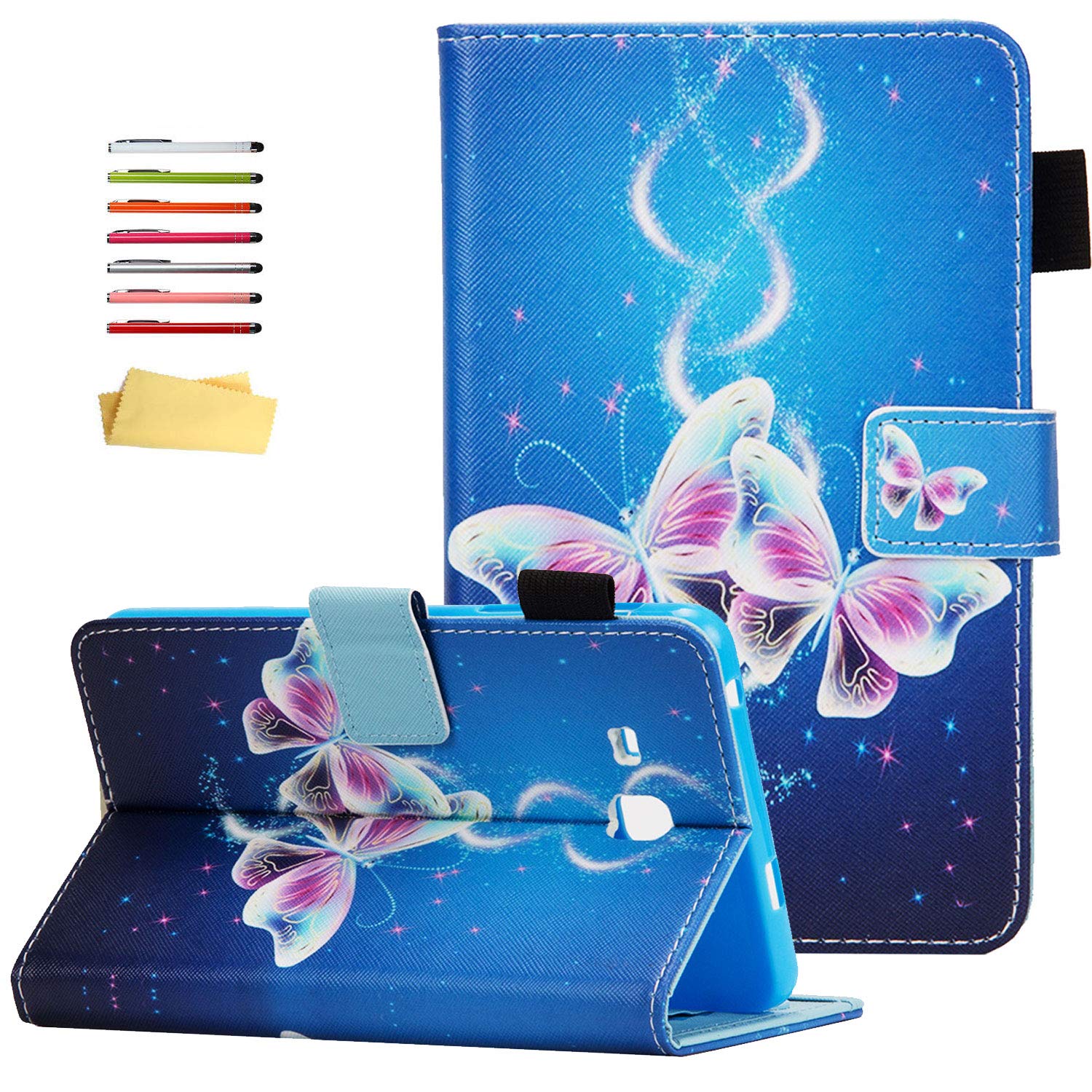 Folio Case for Samsung Galaxy Tab E 8.0 inch 2016 Tablet (Model SM-T375/T377) with Stand Pencil Holder Card Pockets PU Leather Smart Auto Wake/Sleep Magnetic Cover, Bling Purple Butterfly